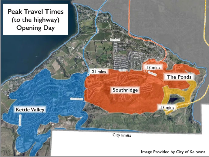 This map demonstrates which commuters will benefit from the new SPR (Yellow) when it opens next year and which commuters will utilize the existing bridges of Lakeshore (blue) and Gordon (Red). The times indicate how long it will take to drive from the access points to the highway.
