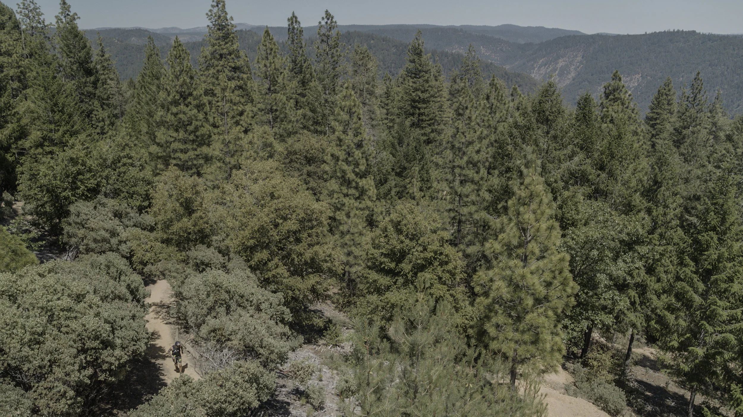 Florian Neuschwander approaching Michigan Bluffs at mile 55 after climbing out of the Canyons. Michigan Bluffs, California.