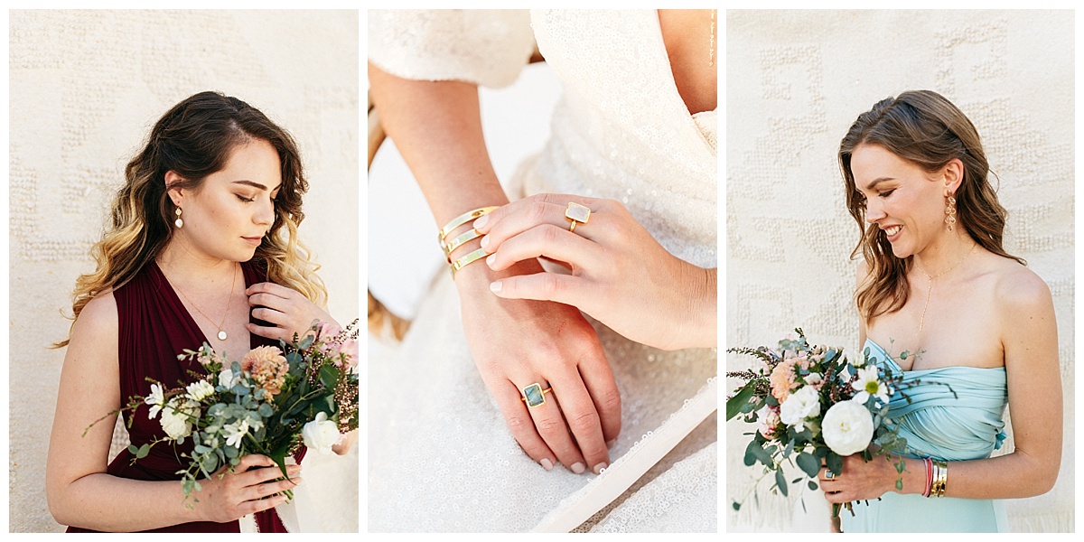 SamErica Studios - maroon and teal bridesmaid dresses and minimalist jewelry