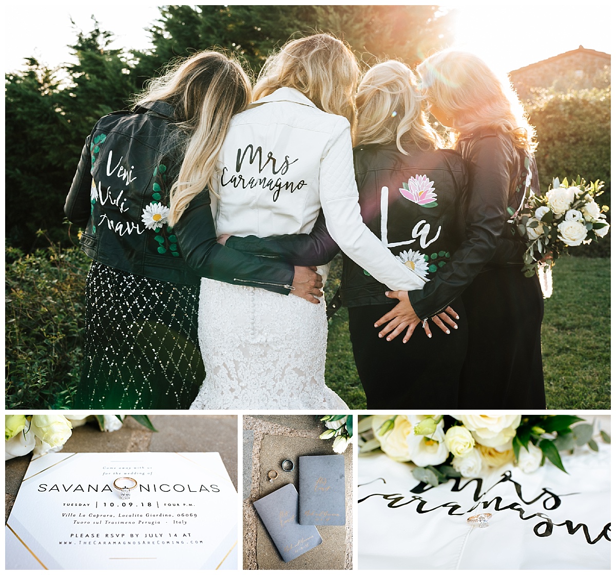 SamErica Studios - Cortona Italy Wedding - Modern Destination Wedding photographers - leather bridesmaids jackets