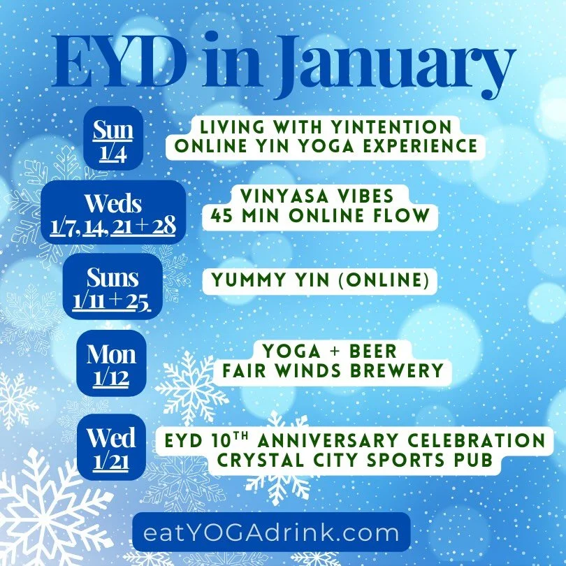 ⛄️ 𝕁𝔸ℕ𝕌𝔸ℝ𝕐 🤍🩶

Flow with us this month&mdash;your mat (and usually a drink&hellip;and a warm, welcoming community) awaits.

𝕊𝕌ℕ 1/4 7:30pm Living with YINtention 🙏(online) 

𝕎𝔼𝔻𝕊 1/7, 14, 21 + 28 12pm Online Vinyasa Vibes 🤸🏾&zwj;♀️

?
