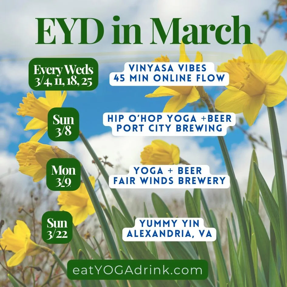 🌞🌼 Awww yeah&hellip;fun EYD experiences are sprouting! 🌱Join us this month for&hellip;

✨𝕎𝔼𝔻ℕ𝔼𝕊𝔻𝔸𝕐𝕊 3/4, 11, 18, 25 at 12pm Vinyasa Vibes (online)

☘️𝕊𝕌ℕ𝔻𝔸𝕐 3/8 5pm Hip o&rsquo;Hop Yoga + Beer w/ @dj_thunderbunny at @portcitybrew 

?