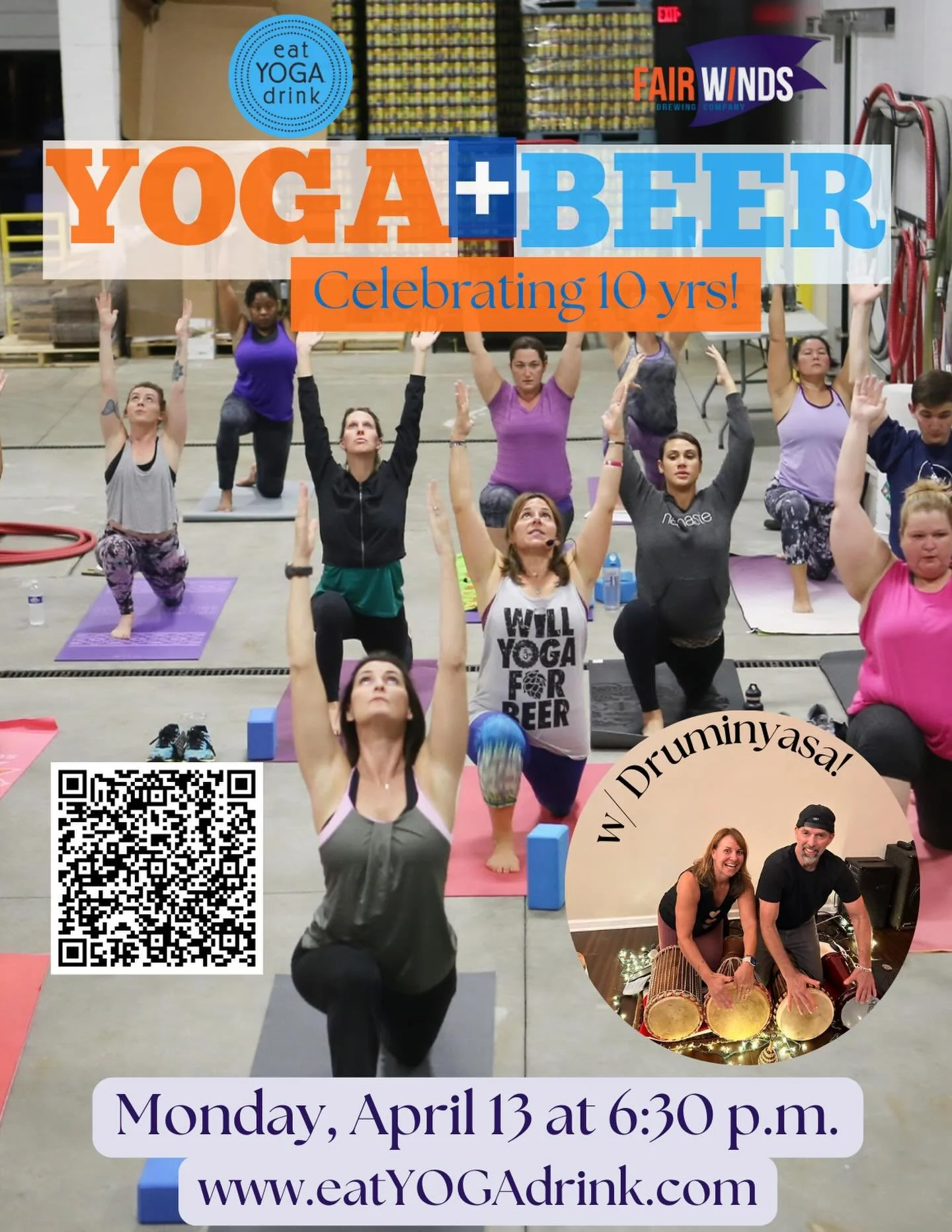 🎉Celebrate 10 yrs of 🧘🏻&zwj;♀️Yoga + Beer 🍻 at @fairwindsbrew Monday, April 13 at 6:30pm. Roll out your mat for a fun, festive flow set to the incredible rhythms of @druminyasa. There will be cake. There will be prizes. There will be lots of laug