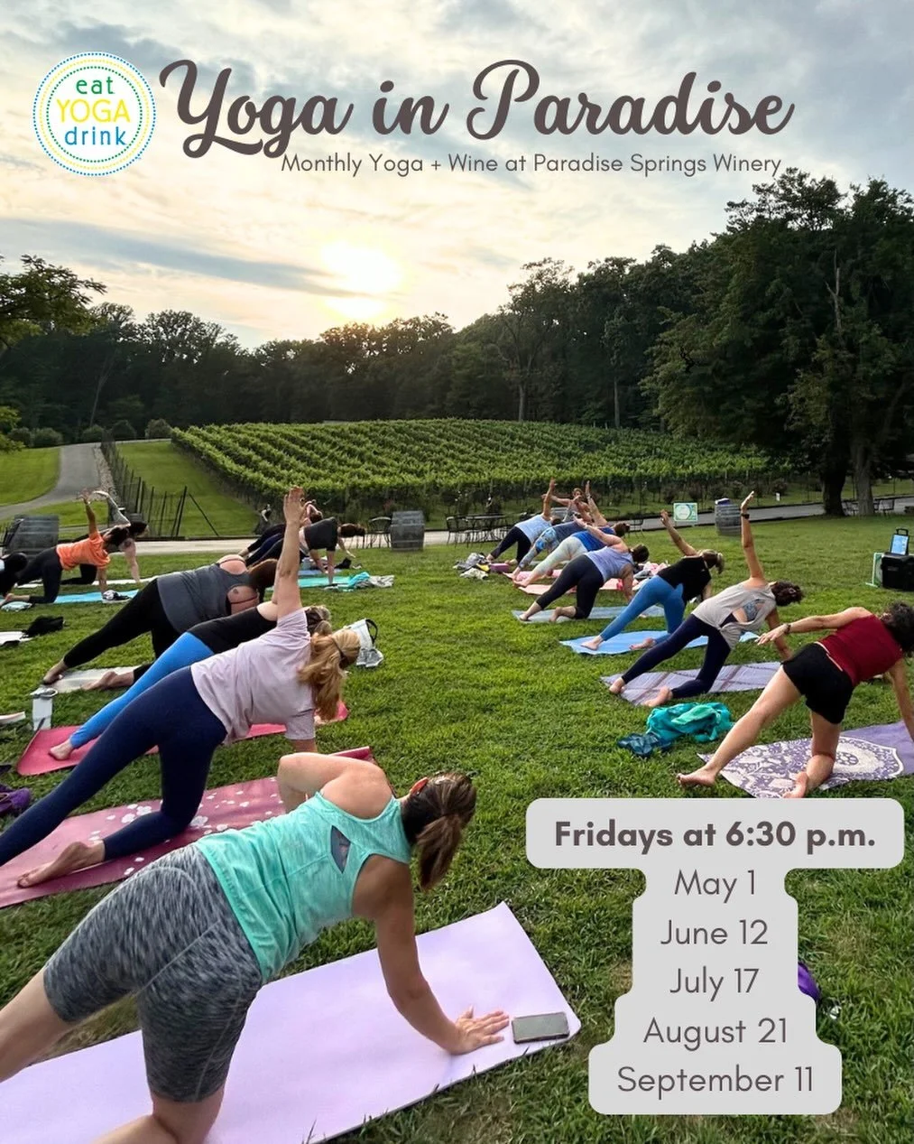 🧘🏽&zwj;♀️𝕐𝕆𝔾𝔸 + 𝕎𝕀ℕ𝔼 🍇 𝕀ℕ ℙ𝔸ℝ𝔸𝔻𝕀𝕊𝔼 ☀️

Yay!! 🎉 We&rsquo;re baaaack!! Return to paradise for an unforgettable sunset yoga experience at Paradise Springs Winery in Clifton, VA. Slow down, breathe, and flow through an all-levels outdoo