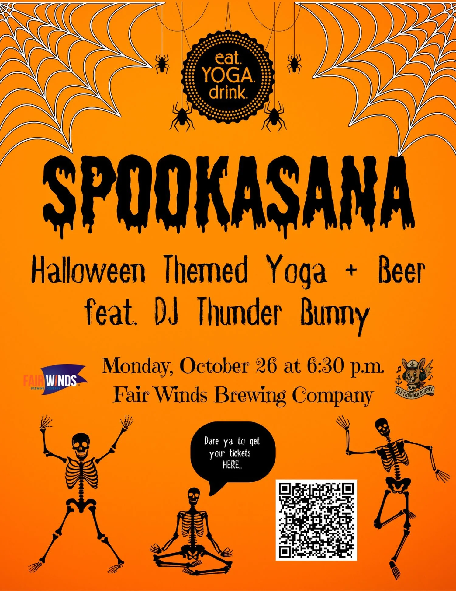 Awwww yeah&hellip;.☠️ SPOOKASANA ☠️ is back for its 10th year! Your favorite Halloween-themed yoga class featuring @dj_thunderbunny returns to @fairwindsbrew on Monday, October 26. Critics hail it as &ldquo;FANGTASTIC,&rdquo; &ldquo;SPOOKTACULAR,&rdq