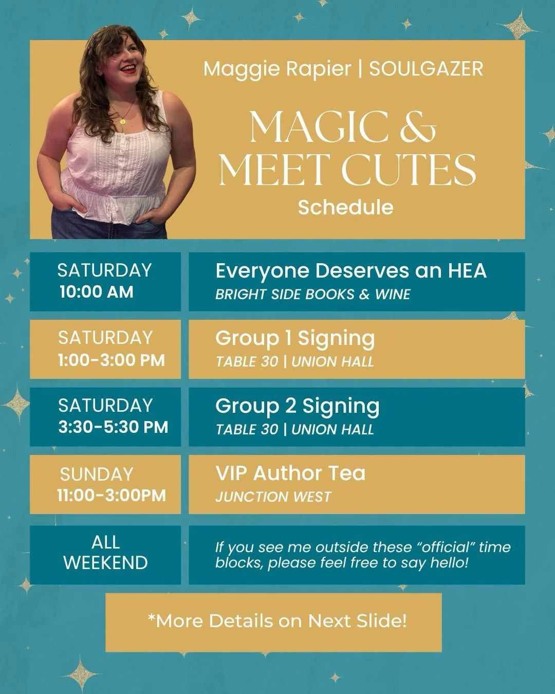 ✨Magic &amp; Meet Cutes Schedule✨

I am so excited to attend @magicandmeetcutes hosted by @brightsidebooksandwine &mdash; to hang out with friends I only ever get to see at book events, and meet new ones who&rsquo;ve stolen my heart online, and to ju