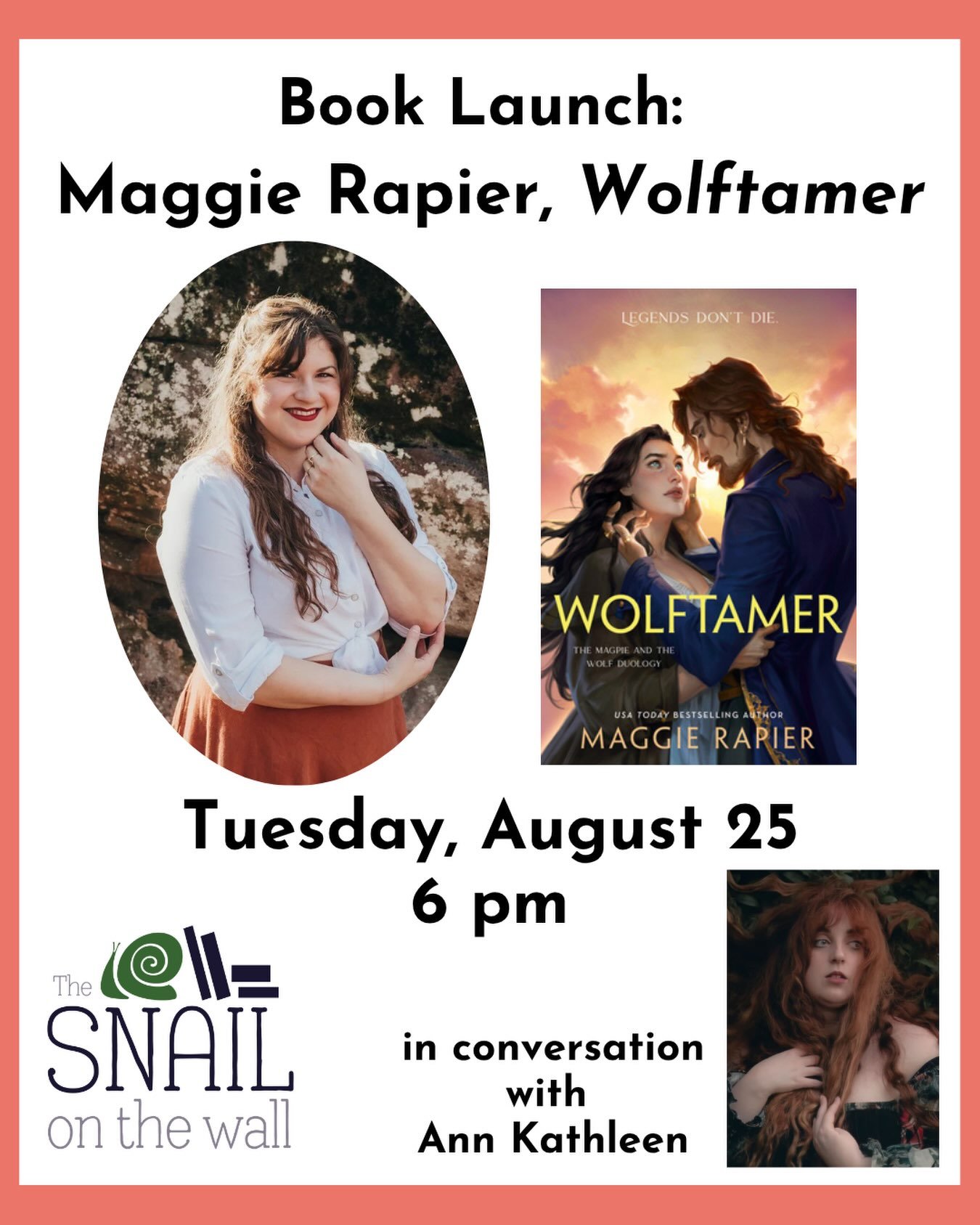 ❤️ Calling all Huntsville Romantasy Readers! ❤️

Join us at The Snail to celebrate Maggie Rapier&rsquo;s new fantasy romance novel, Wolftamer, the aching and lush conclusion to the Magpie and the Wolf duology. Maggie Rapier will be in conversation wi