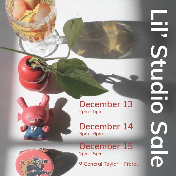 Opening up our little cave-like studio for a few days this week. Come thru to browse deeply discounted art, buttons, clothing + home thangs. Or just stop by to say hello in-between your holiday parties, work, and errands. There will be light refreshments all three days. Link to event: http://bit.ly/LilStudioSale