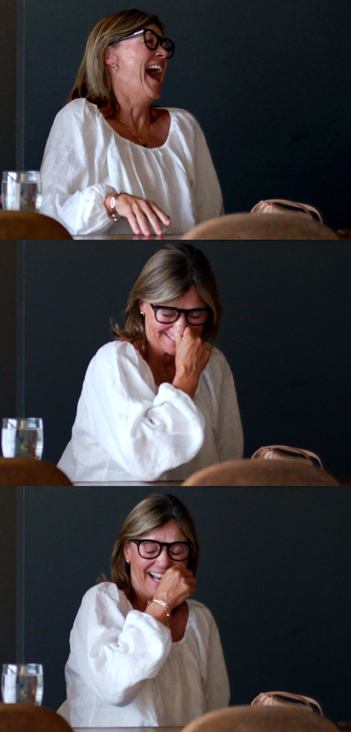 A three picture series of a woman laughing at a stand up comedy show. This is the reaction most people have when they are watching Conner Christmas, Canadian comedian & actor