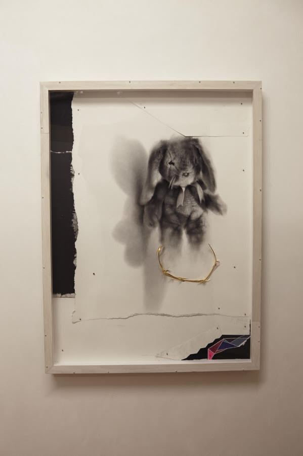 "Beginning of the End": Charcoal, 23 Kt gold, paper, mixed media on board. 15 1/16 x 38 7/16 inches. 2016