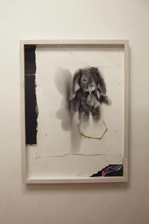 "Beginning of the End": Charcoal, 23 Kt gold, paper, mixed media on board. 15 1/16 x 38 7/16 inches. 2016 