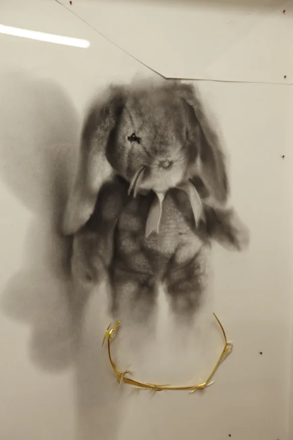 "Beginning of the End"(detail): Charcoal, 23 Kt gold, paper, mixed media on board. 15 1/16 x 38 7/16 inches. 2016 