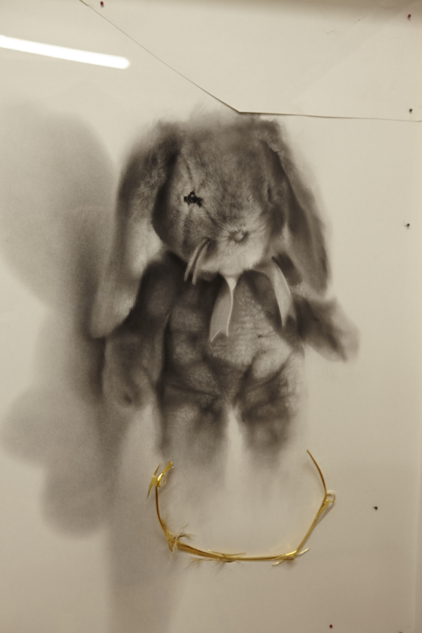 "Beginning of the End"(detail): Charcoal, 23 Kt gold, paper, mixed media on board. 15 1/16 x 38 7/16 inches. 2016