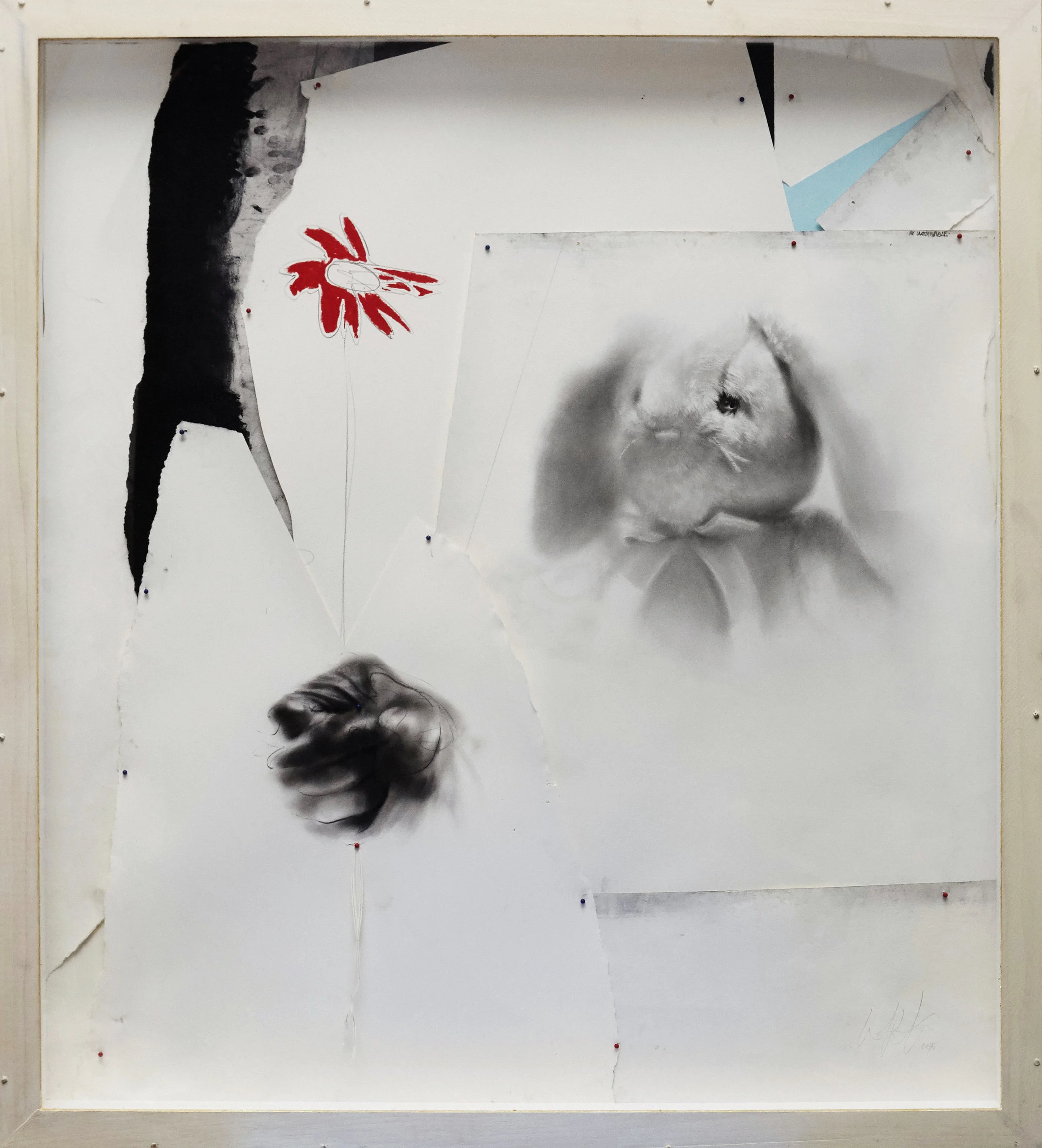 "The Unattainable" 24 KT. Gold leafing, charcoal, paper, graphite, pastel, pins, wood, acrylic(plexiglass). (Wire and d ring backing). 36 5/8" width x 40 1/2" height x 2 3/4" depth 2014