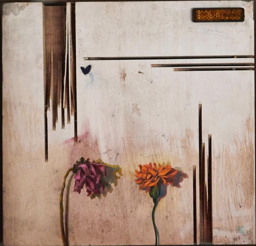 A Couple. Of Flowers. Oil, house paint, paper, bicycle reflector on wood. 10" x 13" inches. 2017