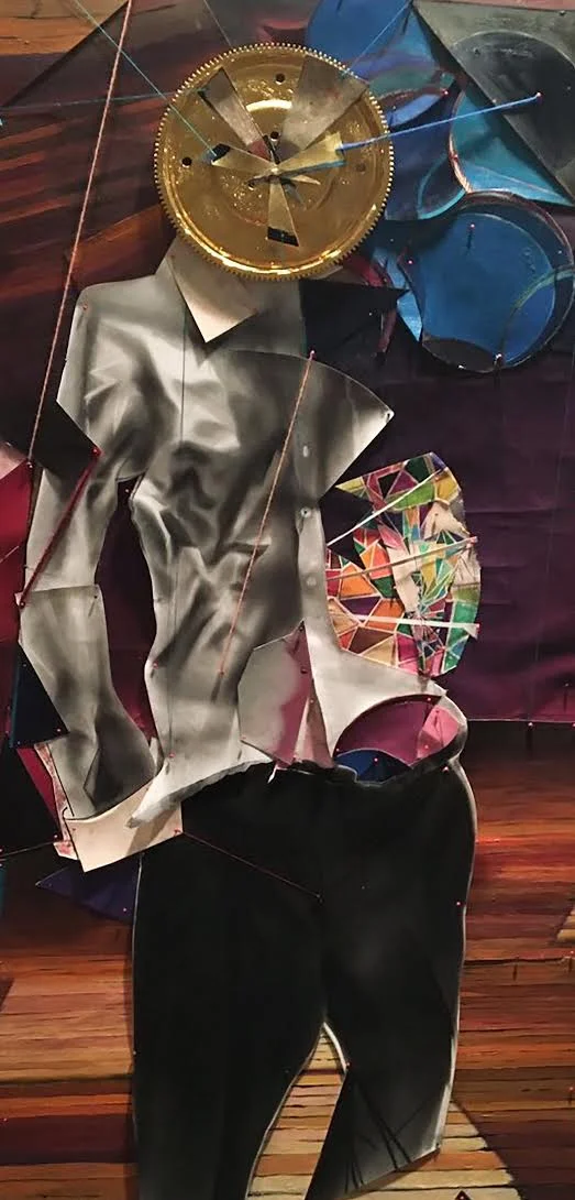 "The Abyss of a Man".36" x 80".24kt gold, charcoal on paper, oil on canvas, colored pencil,silk thread, hand dyed wool.2017