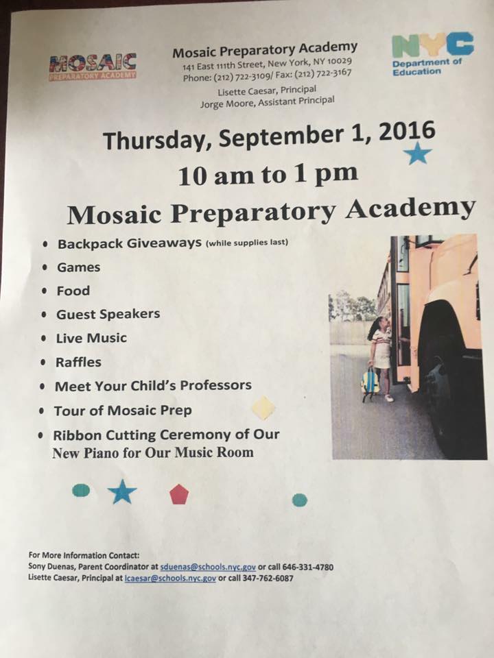 Sept. 1st @ Mosaic Prep Elementary (Harlem, NYC)
