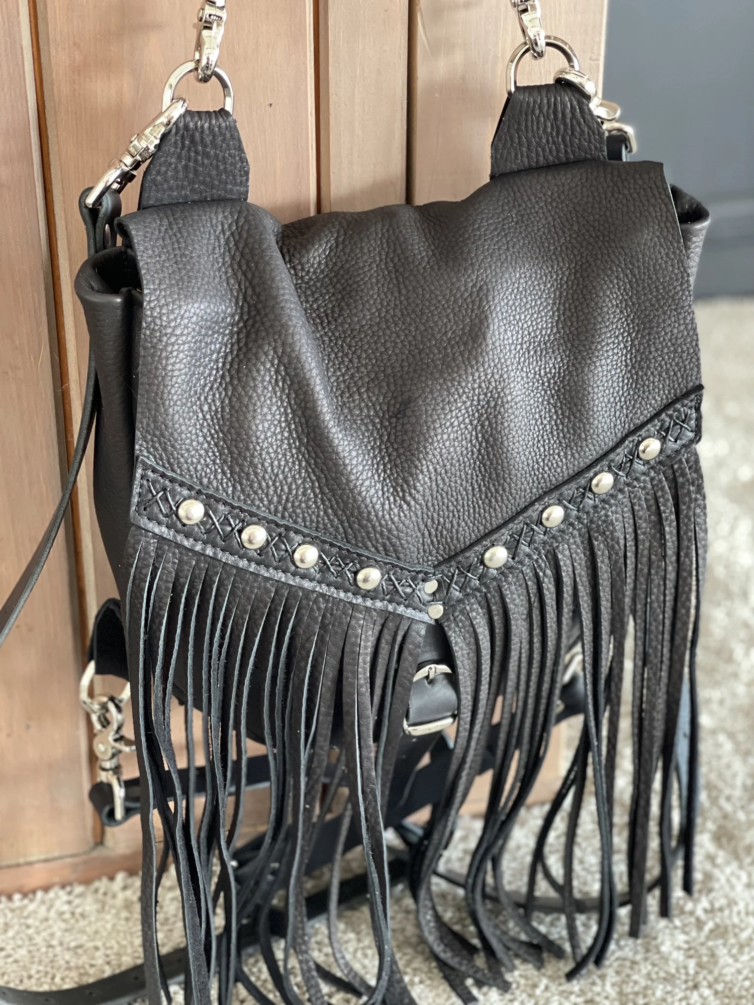Bird Trouble Sarah J Convertible Leather Backpack Crossbody Handmade Fringe Boho Design Your Own Leather Sarah J Convertible Fringe Day  main image 3