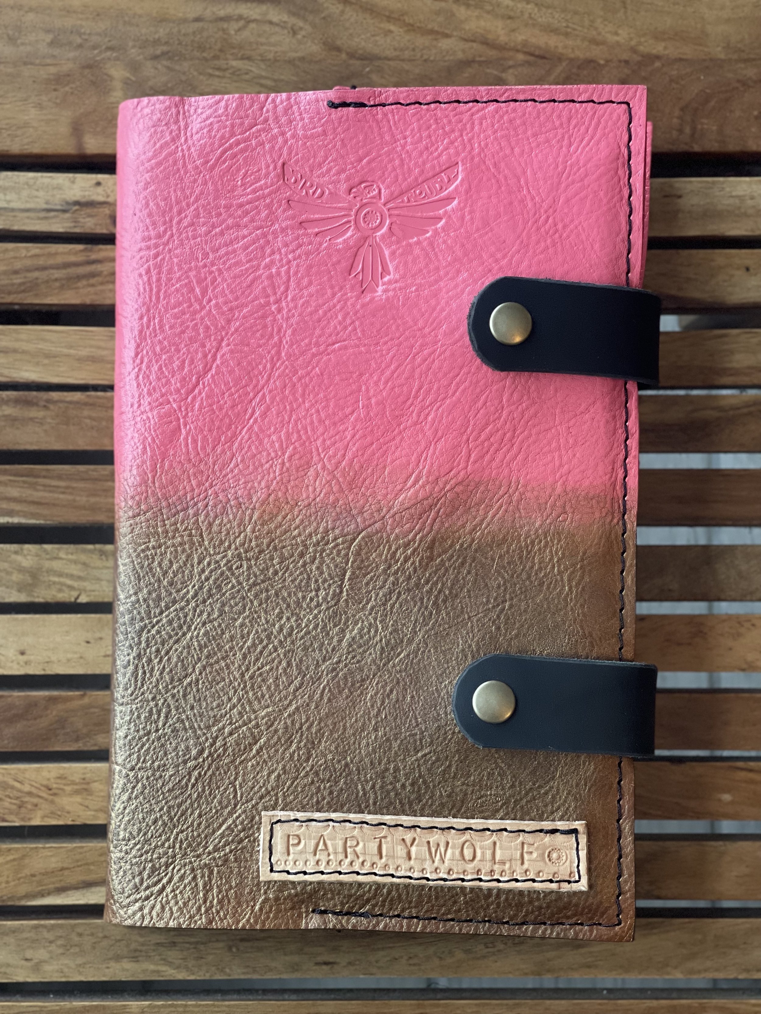 NOTEBOOK COVER IN A HAND DYED OMBRE. BUBBLEGUM PINK TO BRONZE.