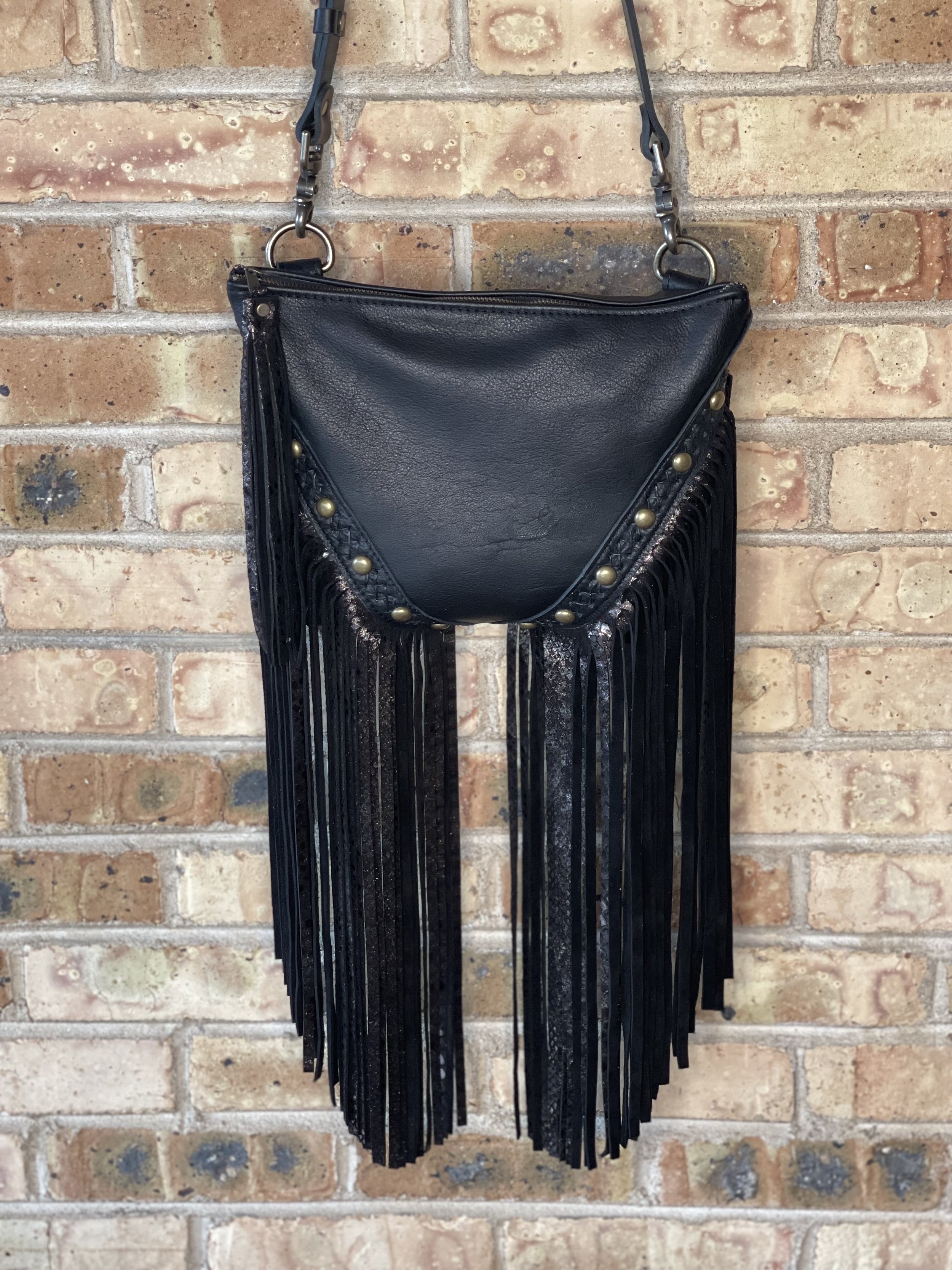 XL Radley Convertible Bag in Black Bison, *custom requested extra long* Black + Silver Python Fringe, Black Criss Cross Handstitching, and Studs