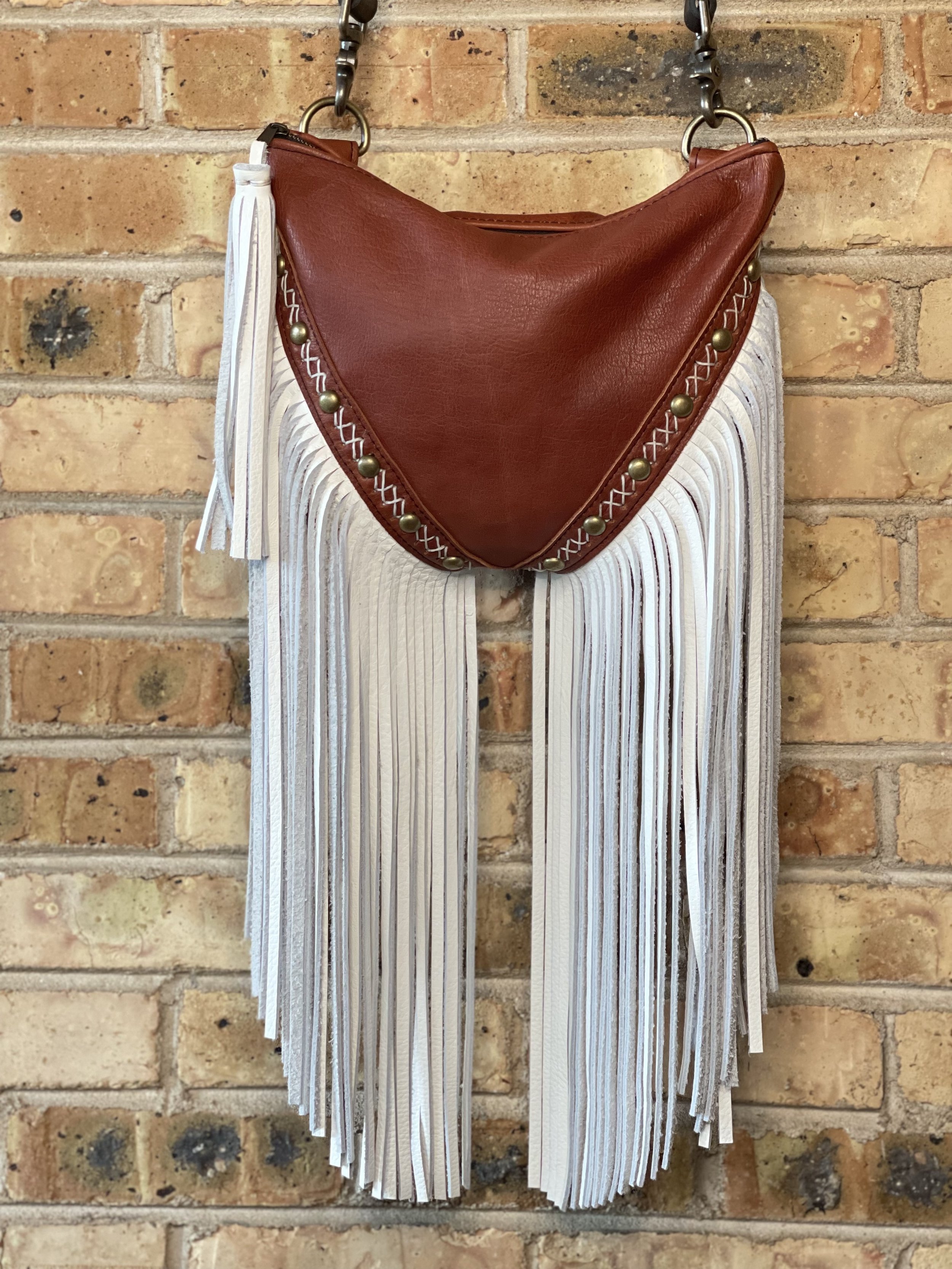 XL Radley Convertible Bag in Tobacco Bison, *custom requested extra long* White Fringe, White Criss Cross Handstitching, and Studs