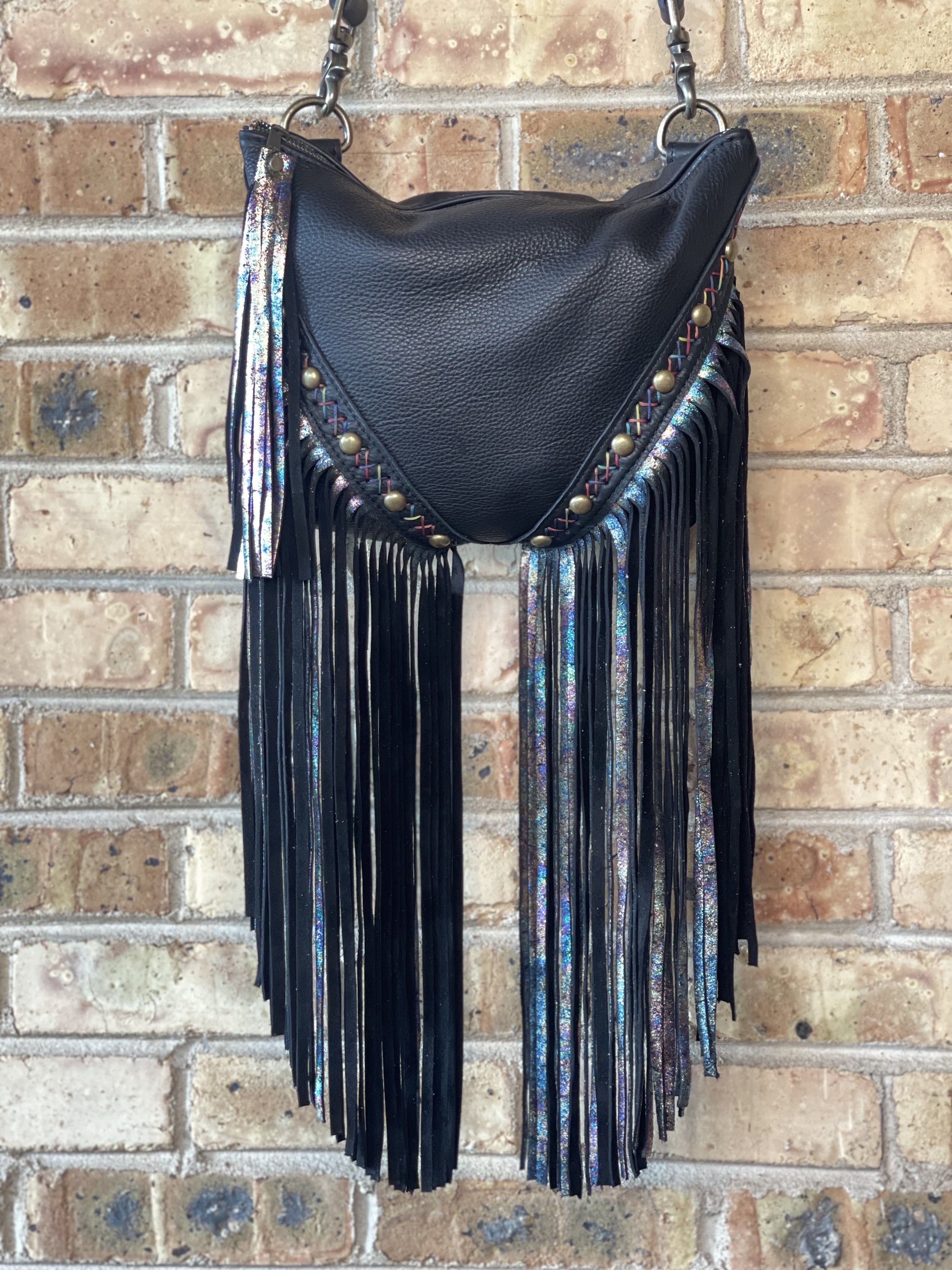XL Radley Convertible Bag in Black Bison, *custom requested extra long* Antique Marble Fringe, Rainbow Criss Cross Handstitching, and Studs