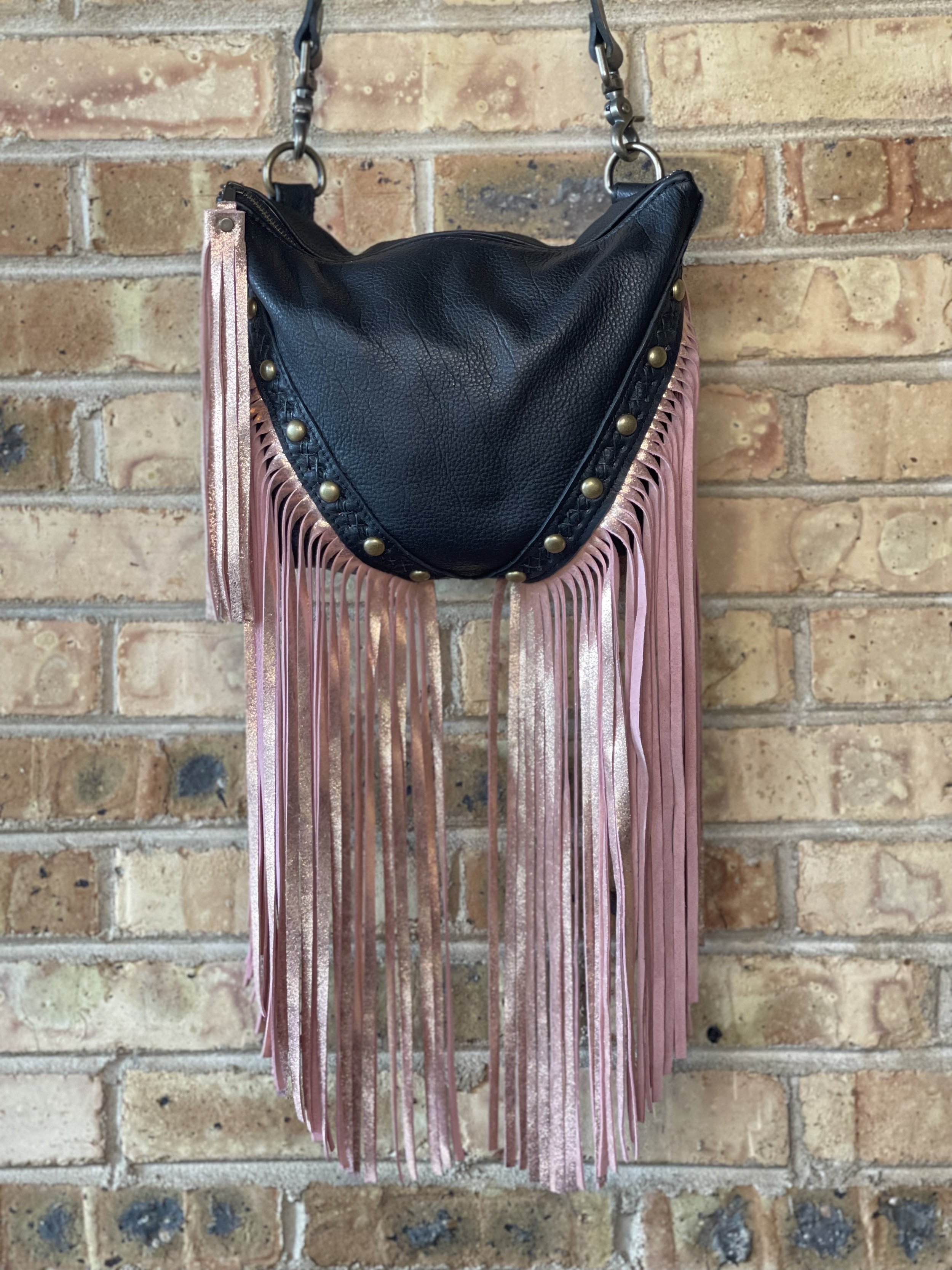 XL Radley Convertible Bag in Black Bison, *custom requested extra long* Pastel Glitter Rose Gold Fringe, Black Criss Cross Handstitching, and Studs
