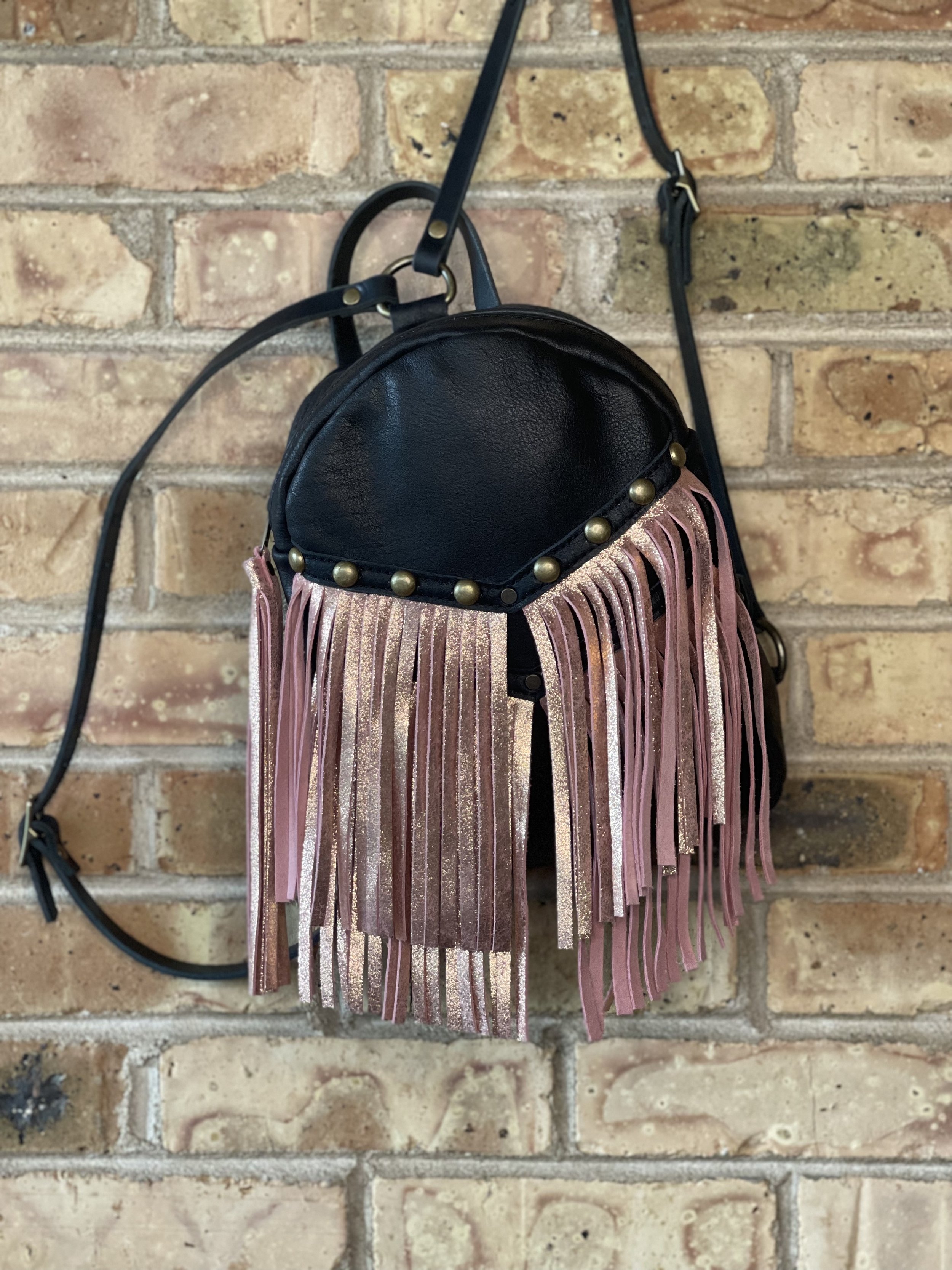 Mini Backpack in Black Bison, Pastel Glitter Rose Gold Fringe, Studs, 1 Single Handle