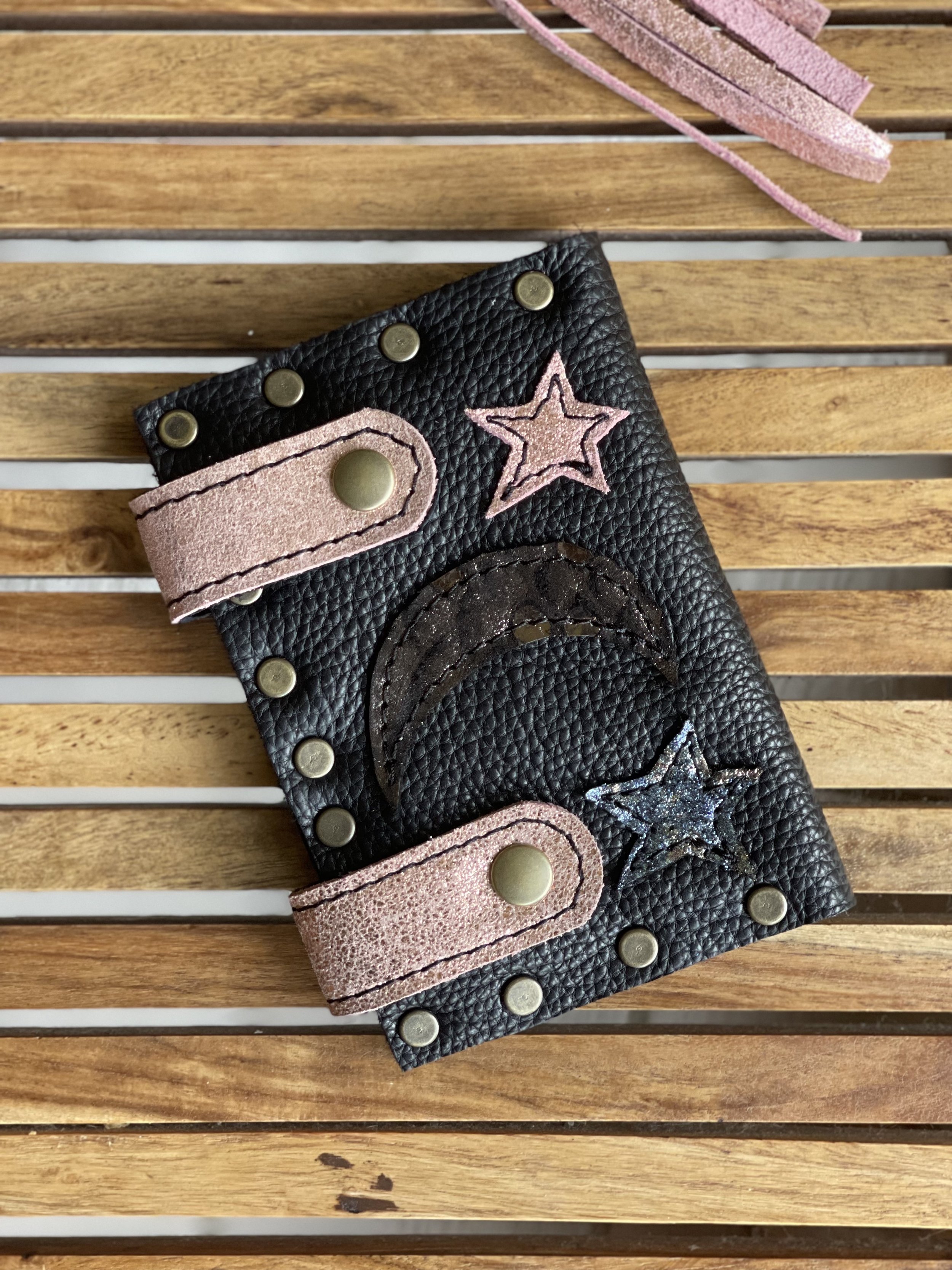 Niki Wallet in Black Bison with *custom requested cut outs* and Pastel Glitter Rose Gold Tabs