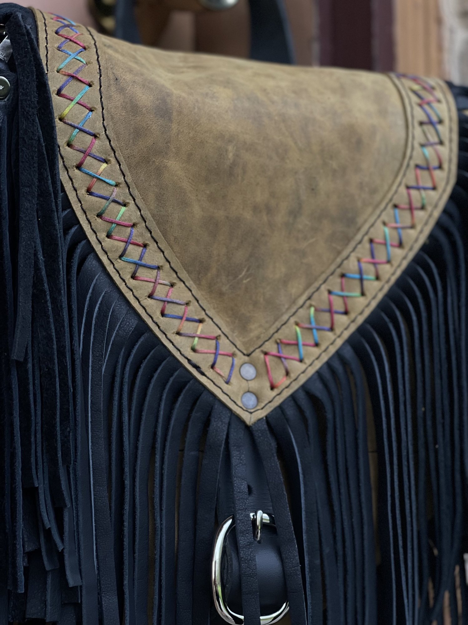 Boho Saddle Bag with Fringe - Small - Artisan Collection - Full Leather - Deep Emerald