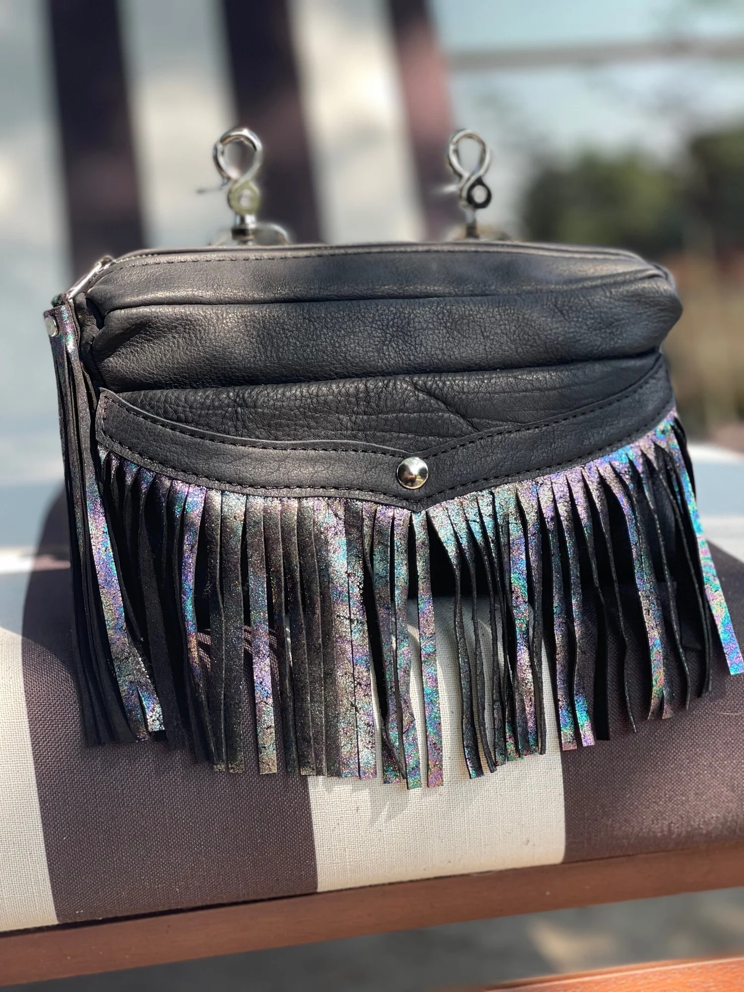 Genuine Leather Tooled Fringe Hip Clip Bag - Black/Turquoise