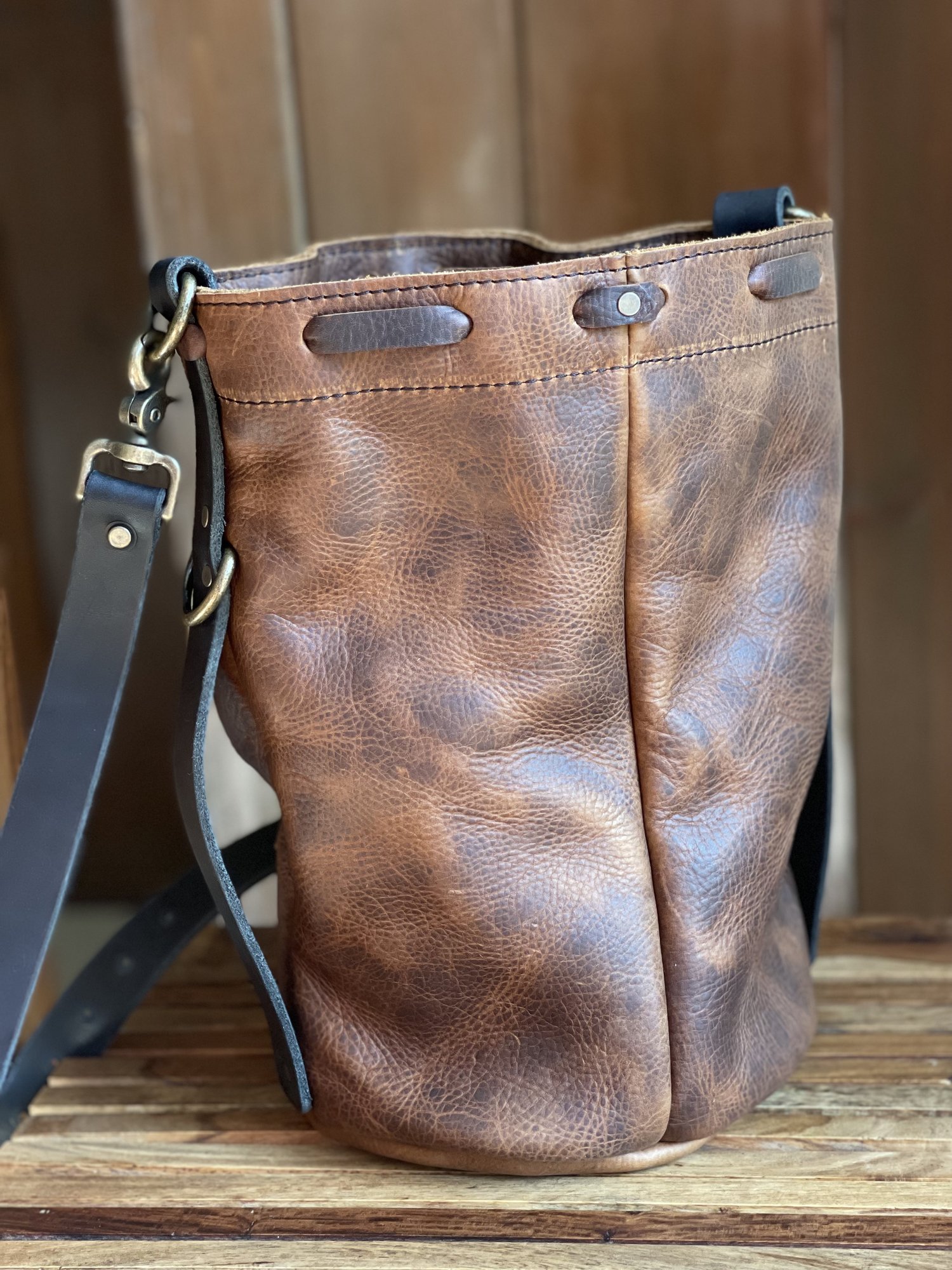 Cowhide Tan Leather Fringe Bucket Bag