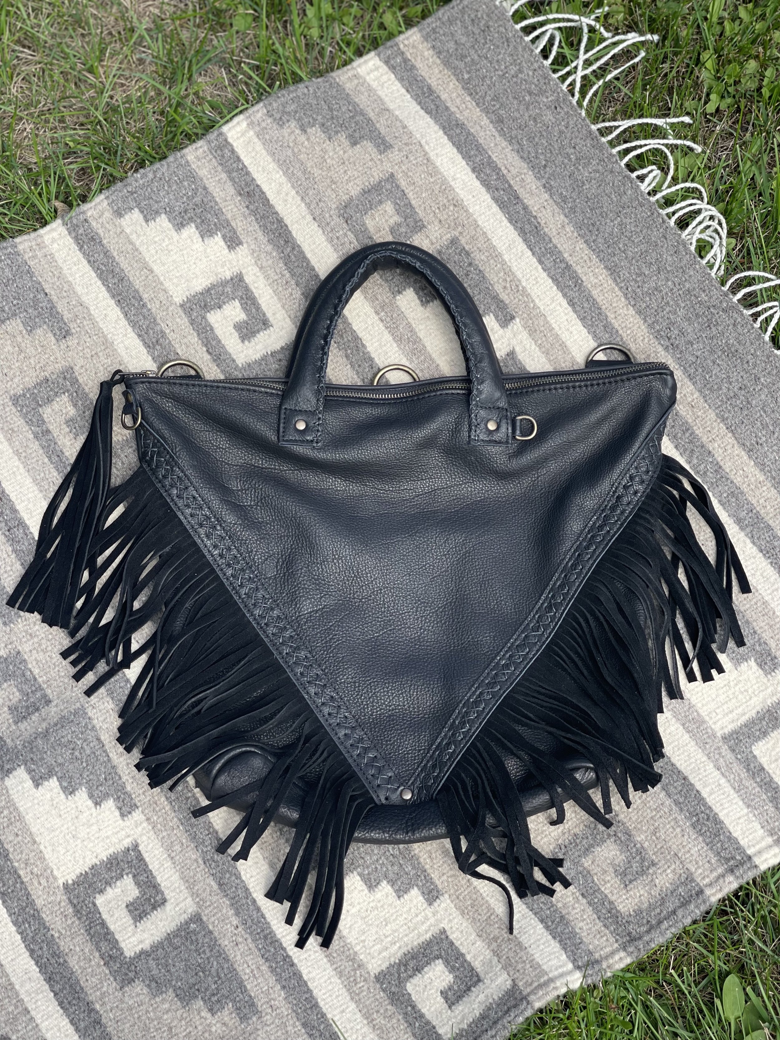 Julia J Convertible Bag with 2 Permanent Puffy Handles - black bison leather, black suede fringe, black criss cross hand-stitching, Flair D-Rings