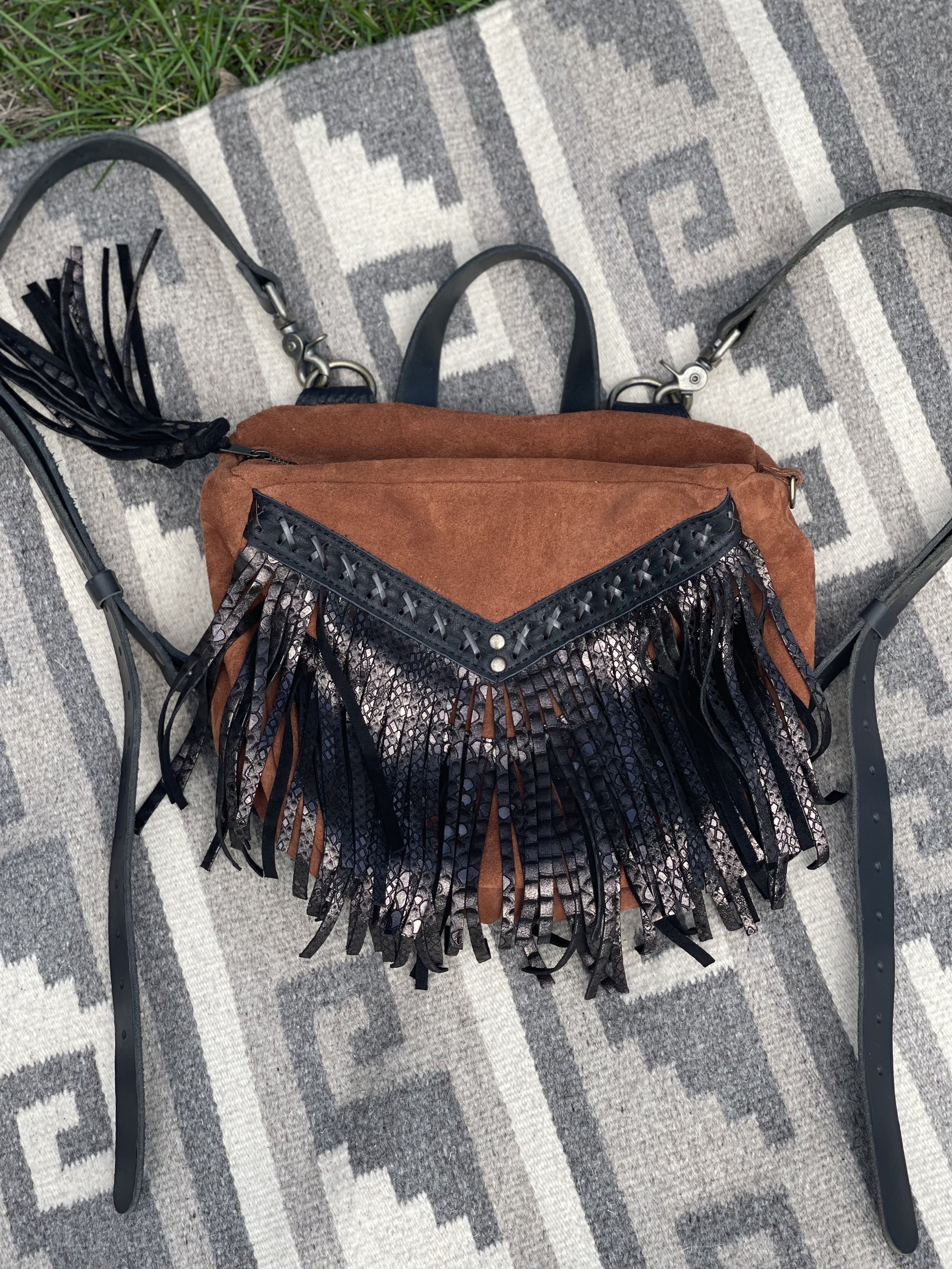 Mini Melissa Convertible Bag - Mahogany suede, Black Bison leather fringe border and D-Ring tabs, Black Python Fringe, Black Lace X Stitch, 1 simple leather handle, flair D-ring