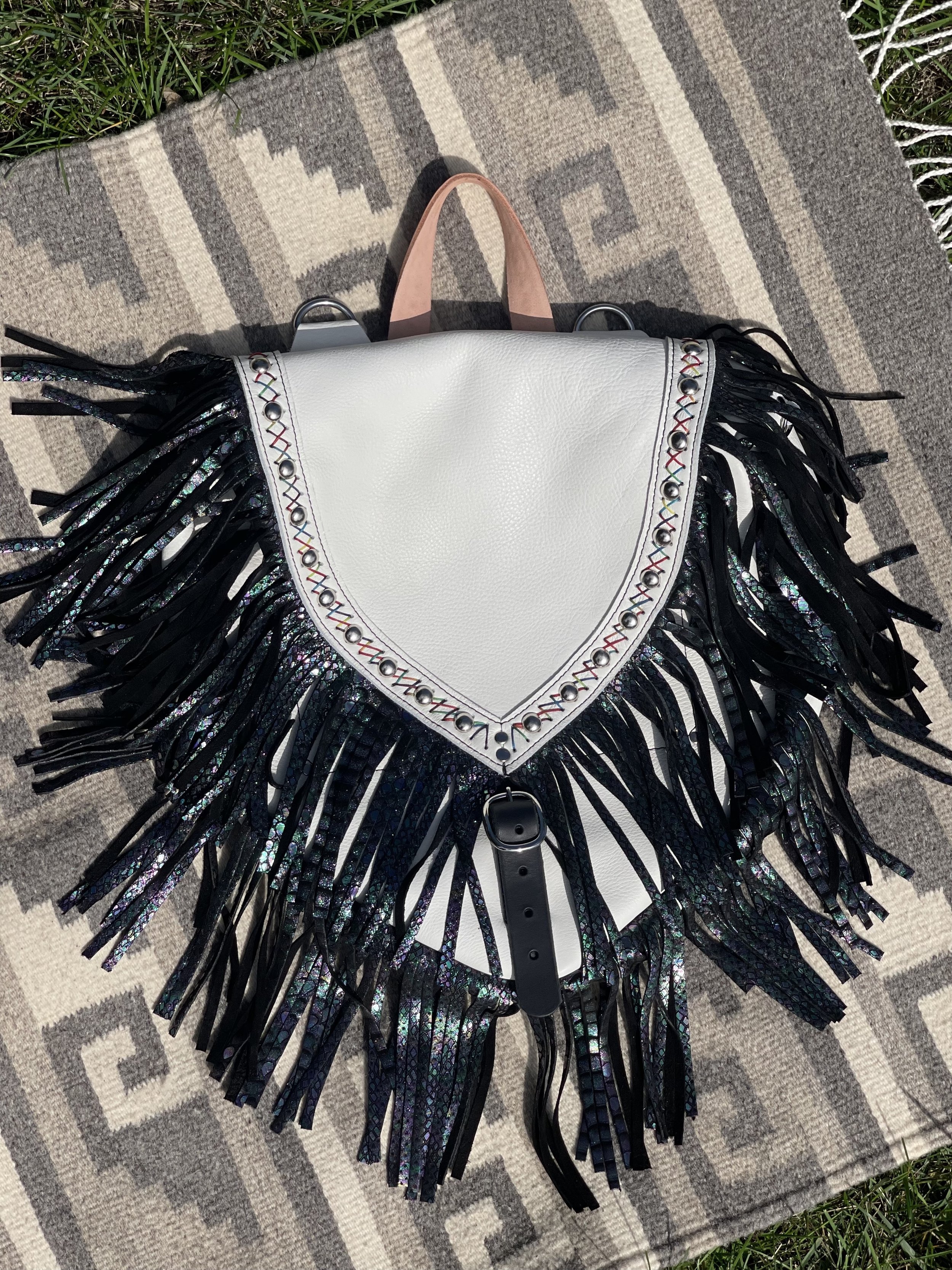 Brittany Convertible Bag - White cowhide leather, Chameleon Python fringe, Rainbow criss-cross hand stitching, nickel hardware, flair d-ring, hand-stamped vegetable tanned leather handle