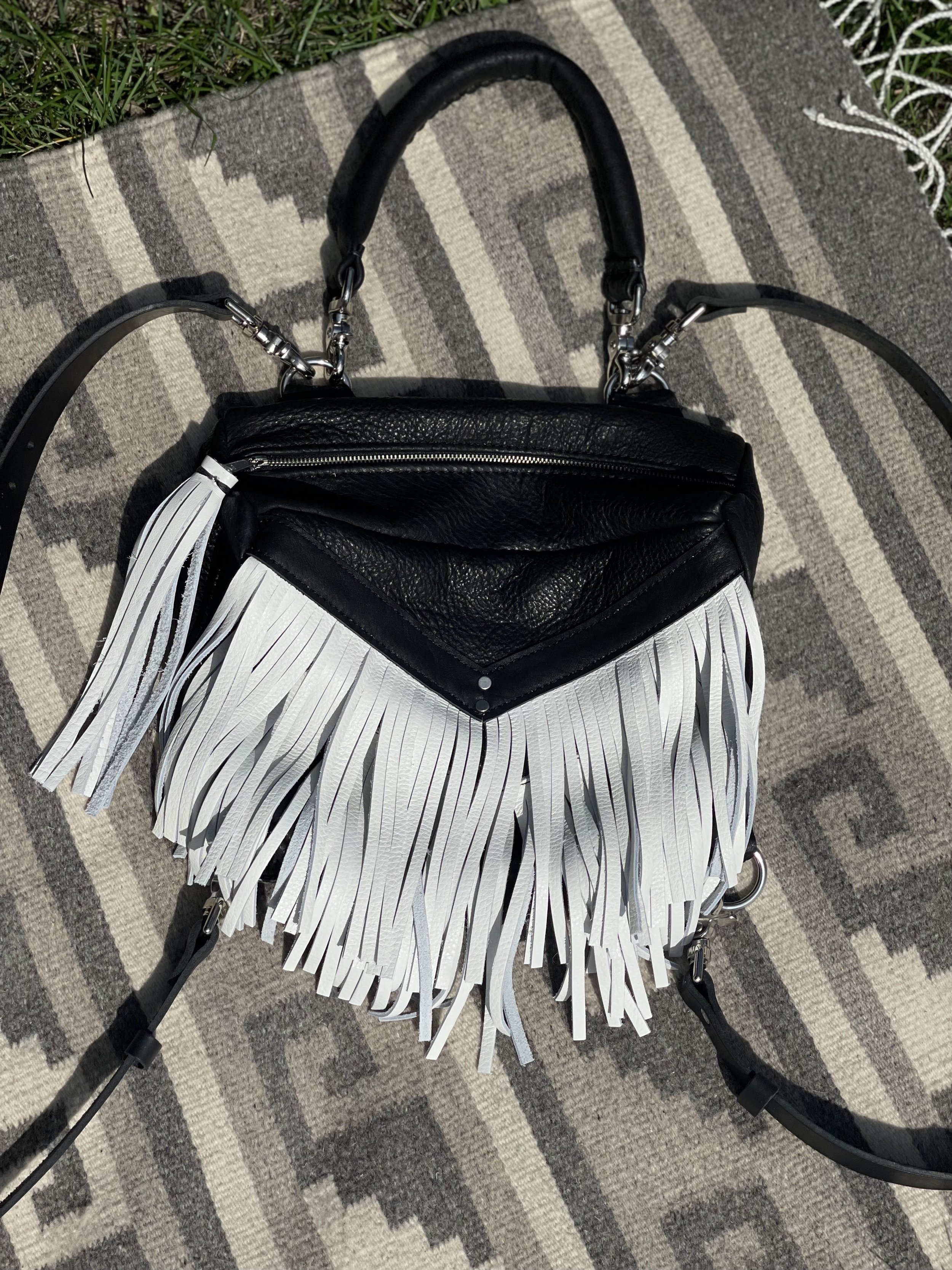 Mini Melissa Convertible Bag - black bison leather, white cowhide leather fringe, nickel hardware, Clip On Puffy Handle