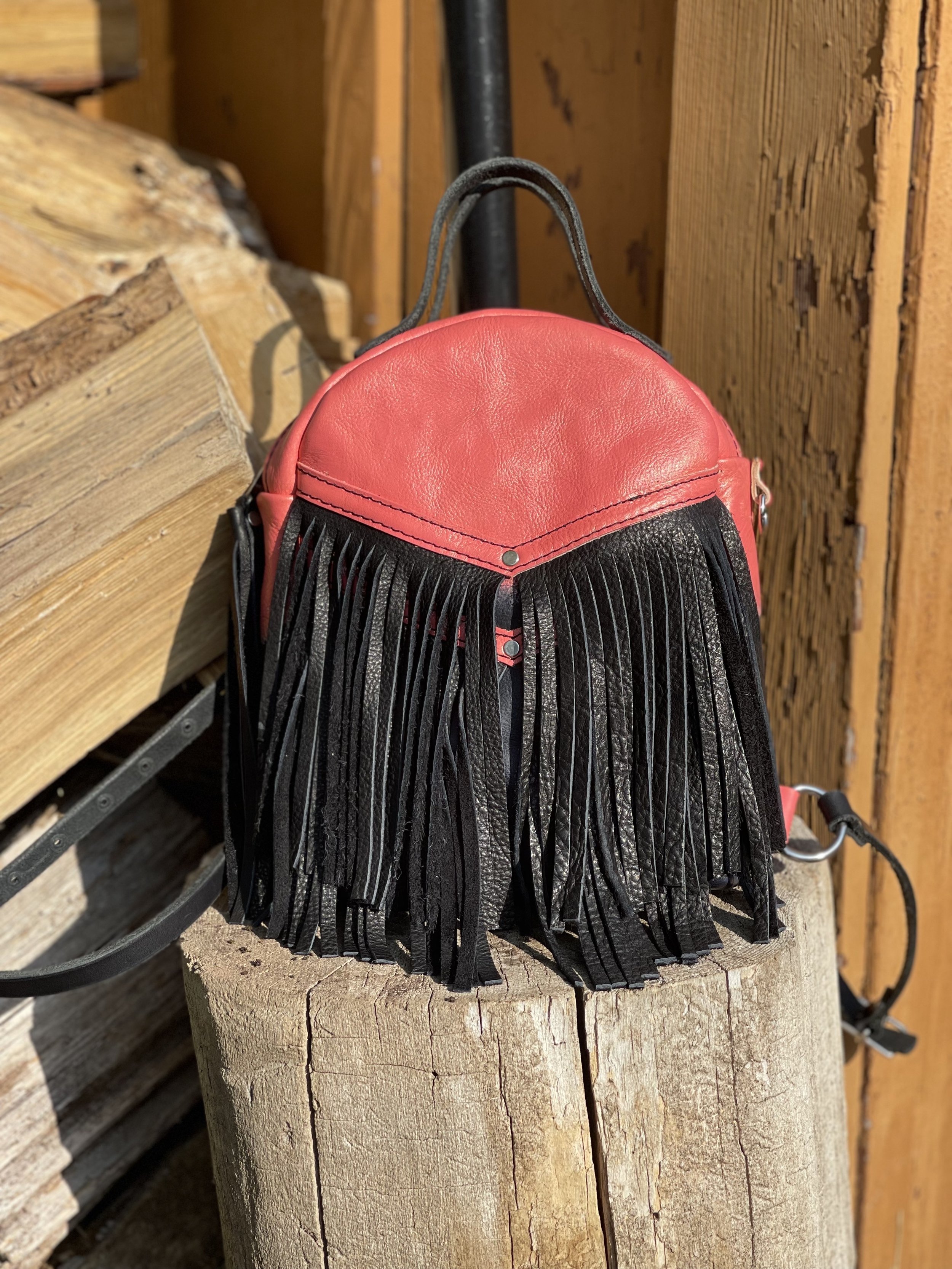 Mini Backpack - Vegetable tanned cowhide leather hand dyed ombre in Cheeky Gold to Coal, 2 Simple Handles, Black bison fringe, Flair D ring