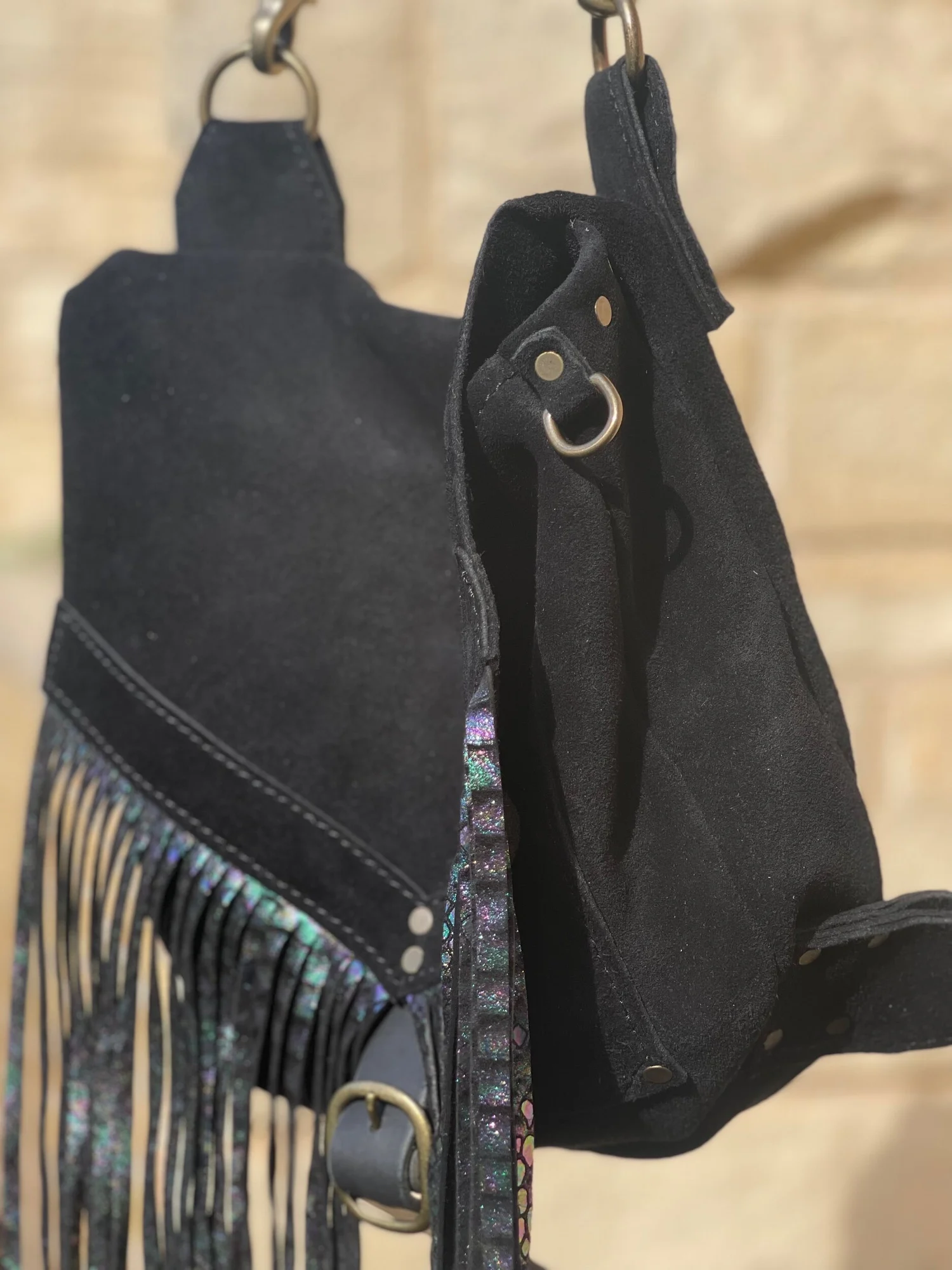 Bird Trouble Sarah J Convertible Leather Backpack Crossbody Handmade Fringe Boho Design Your Own Leather Sarah J Convertible Fringe Day  main image 4