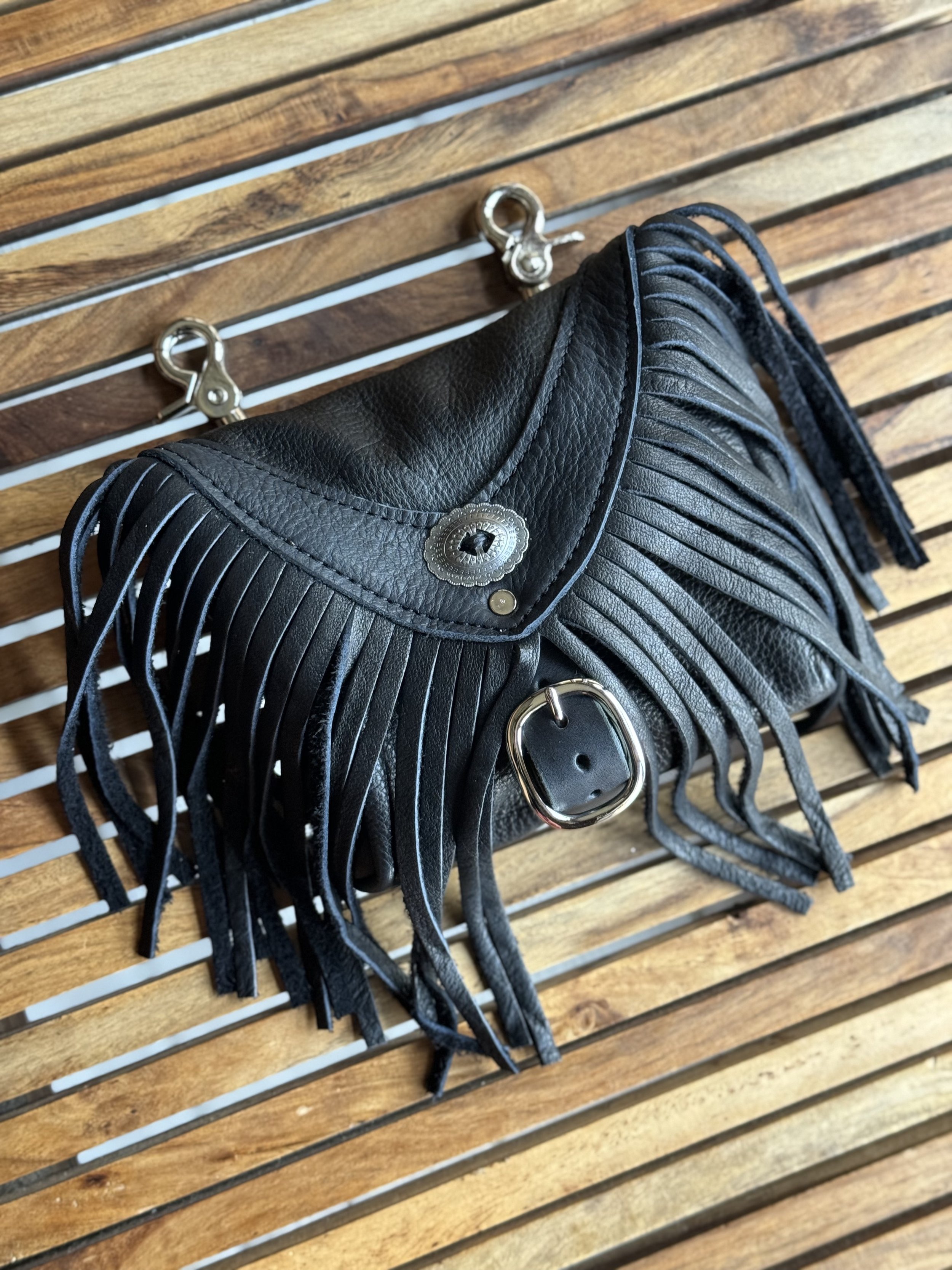 Black bison leather body and fringe, Nickel hardware, Concho - On The Road Convertible Hip Bag