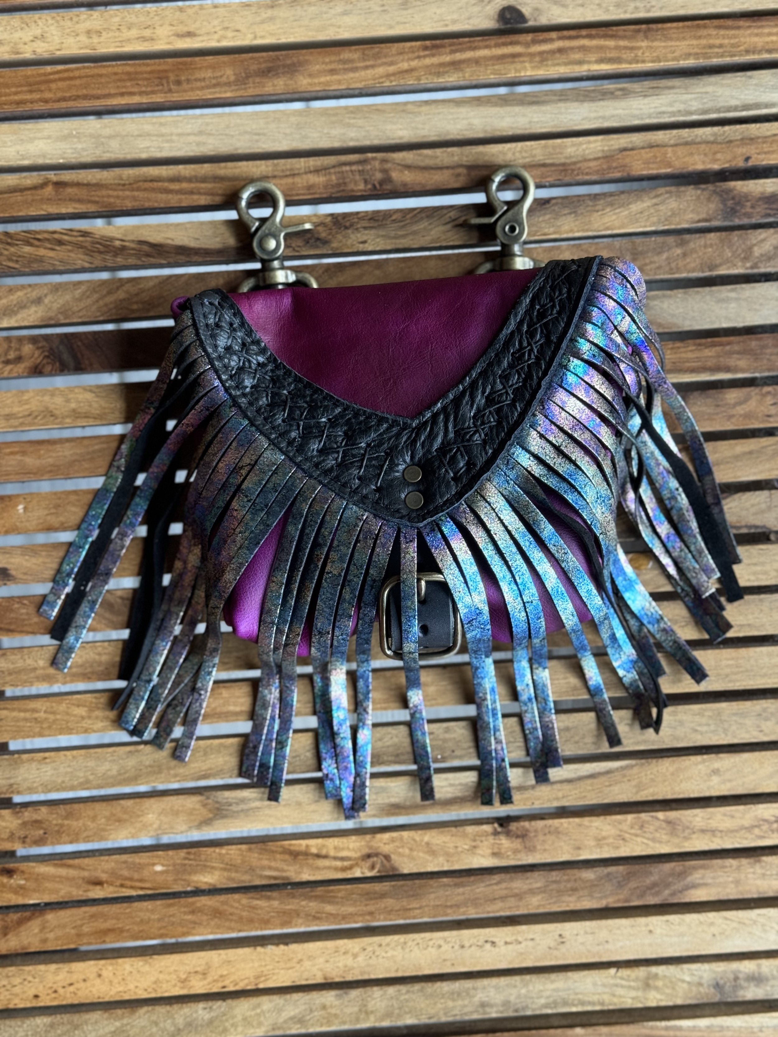 Hand dyed purple leather body, Antique Marble leather fringe, Black bison leather trim, antique brass hardware, black criss cross handstitching - On The Road Convertible Hip Bag