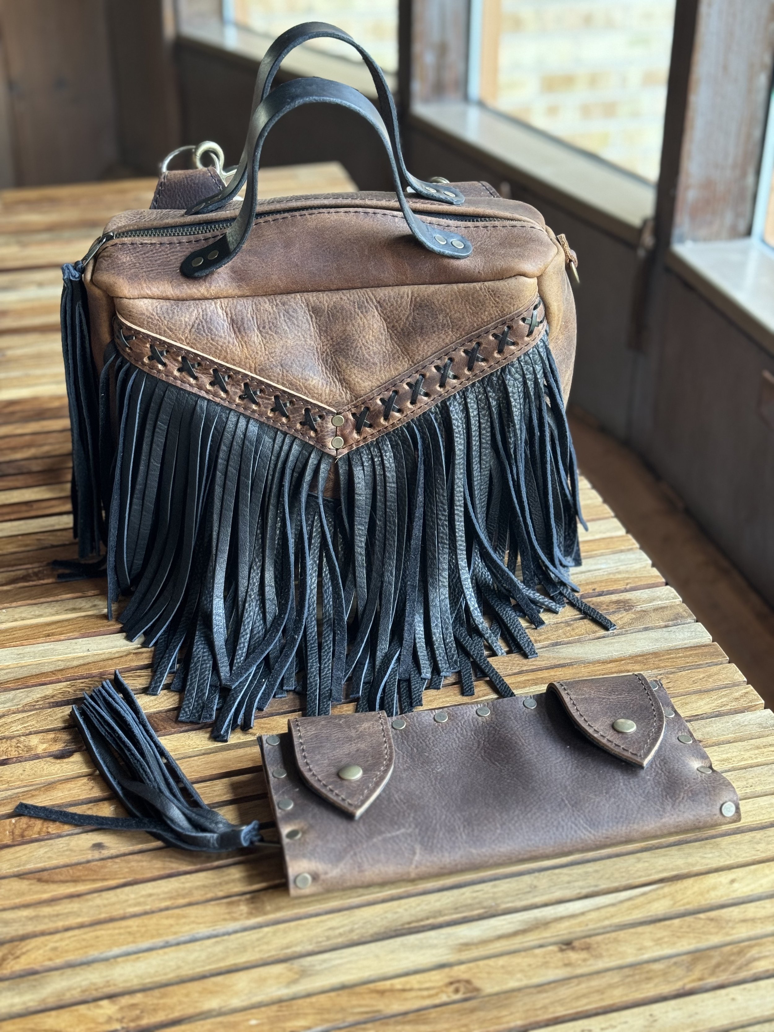 Custom requested leather with Black Lace X Stitch, Black bison fringe leather, 2 simple leather handles, Flair D Ring, Antique brass hardware - Mini Melissa Convertible Bag and Large Wallet set