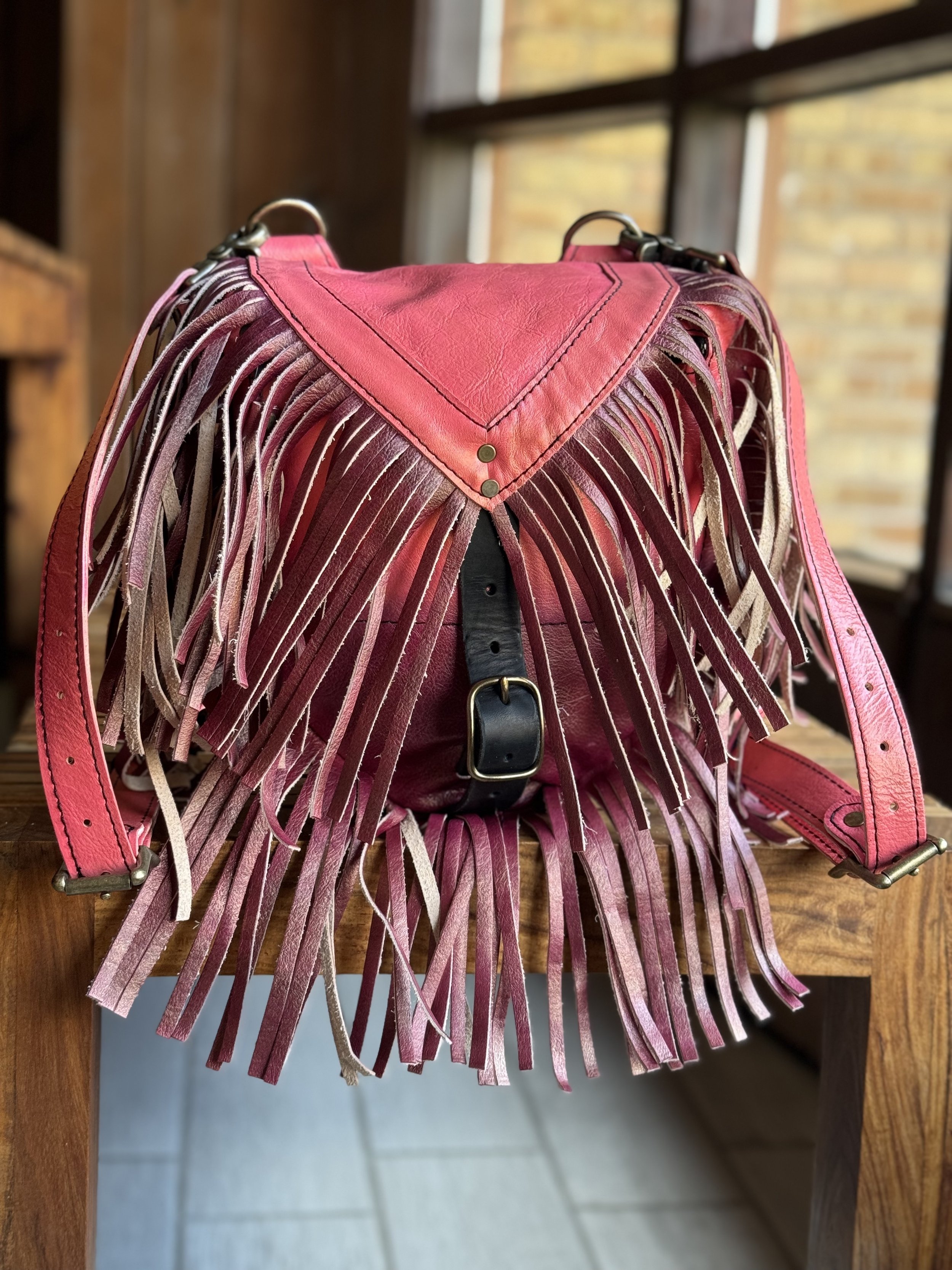 Hand dyed ombre Cheeky Gold to Glam Plum leather body, Glam Plum leather fringe, antique brass hardware - Mini Brittany Convertible Bag