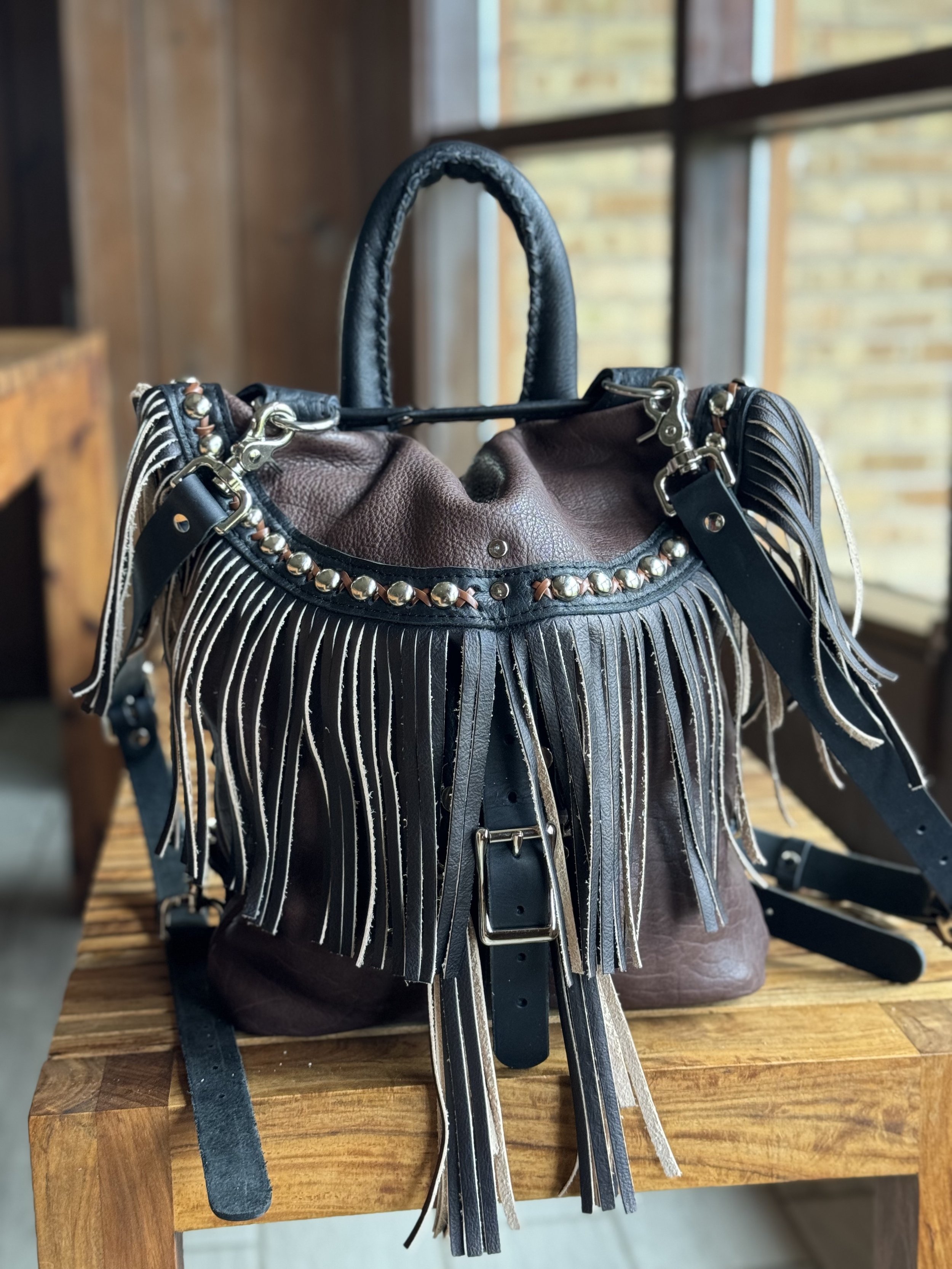 Chocolate and Black bison leather, Puffy Handle, Hand Dyed Coal leather fringe, Nickel hardware, Studs &amp; Tan Lace X Stitch - Foxycat Convertible Bag