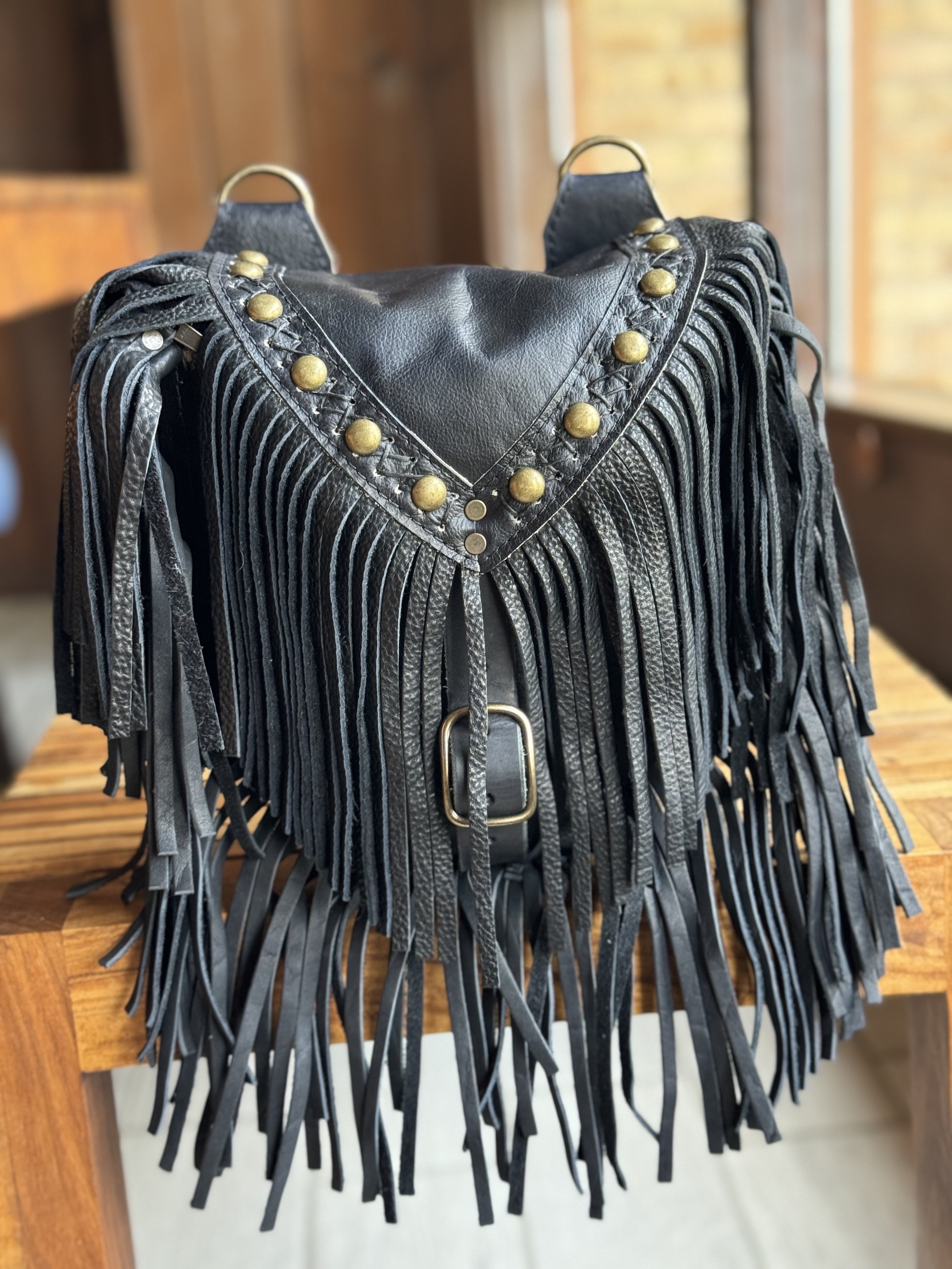 Hand dyed Coal leather, Black bison leather fringe, Antique brass hardware, Studs, Black Criss Cross Handstitching - Mini Brittany Convertible Bag
