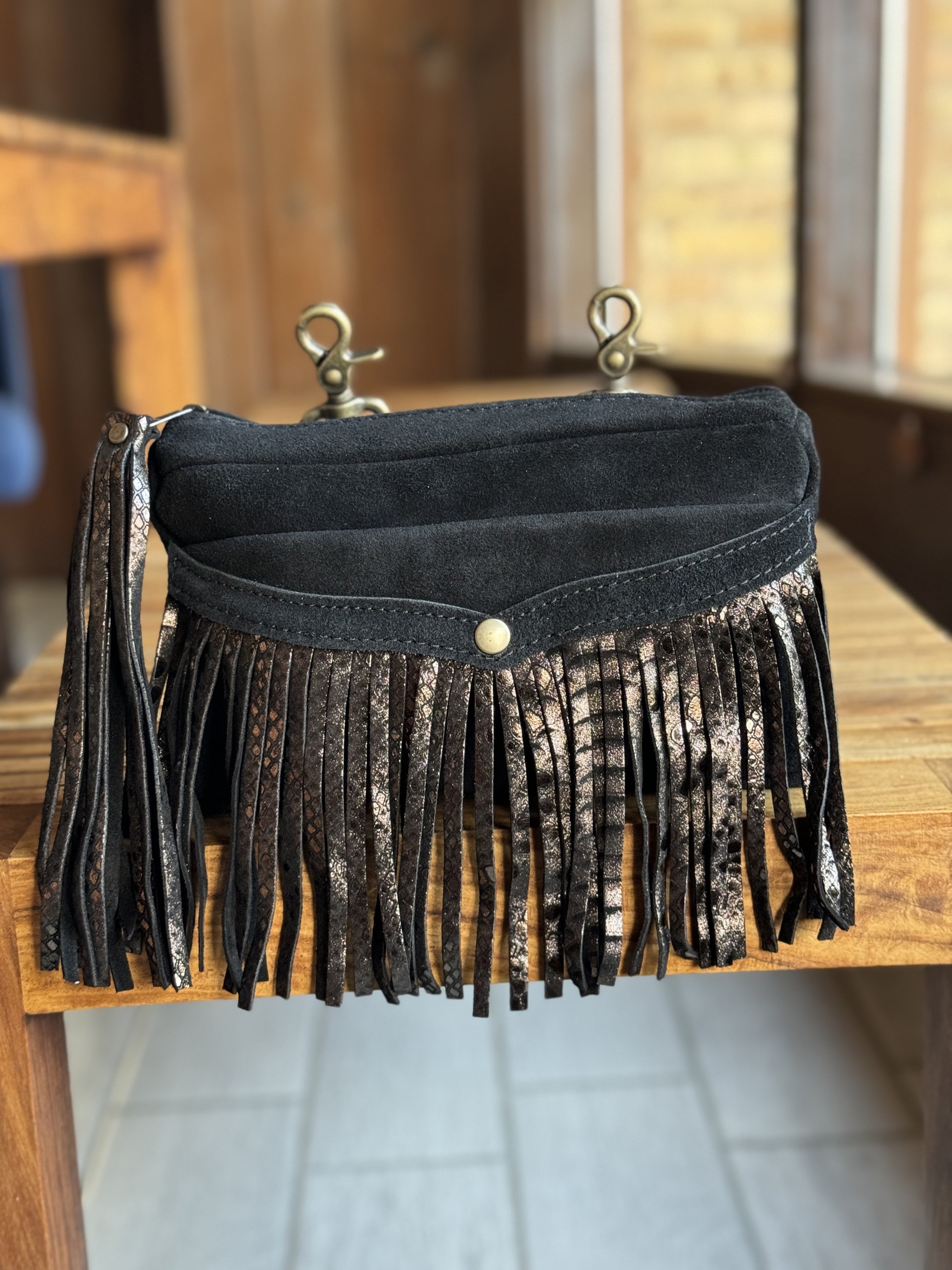 Black suede, Black Python fringe leather, Antique Brass hardware - Nayita Convertible Hip Bag