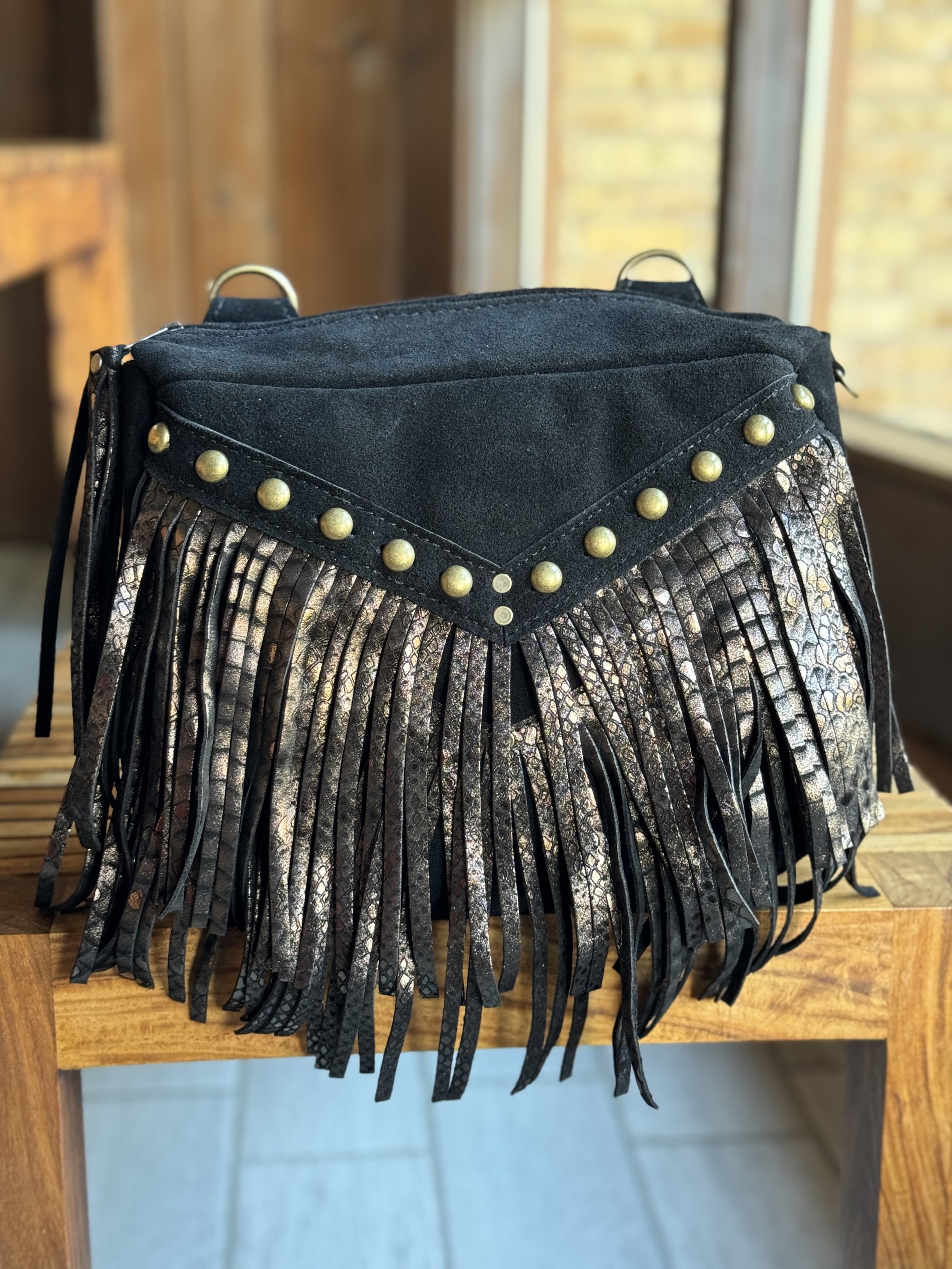 Black suede and Black Python fringe leather, Studs, Antique Brass hardware, Flair D Ring - Mini Melissa Convertible Bag