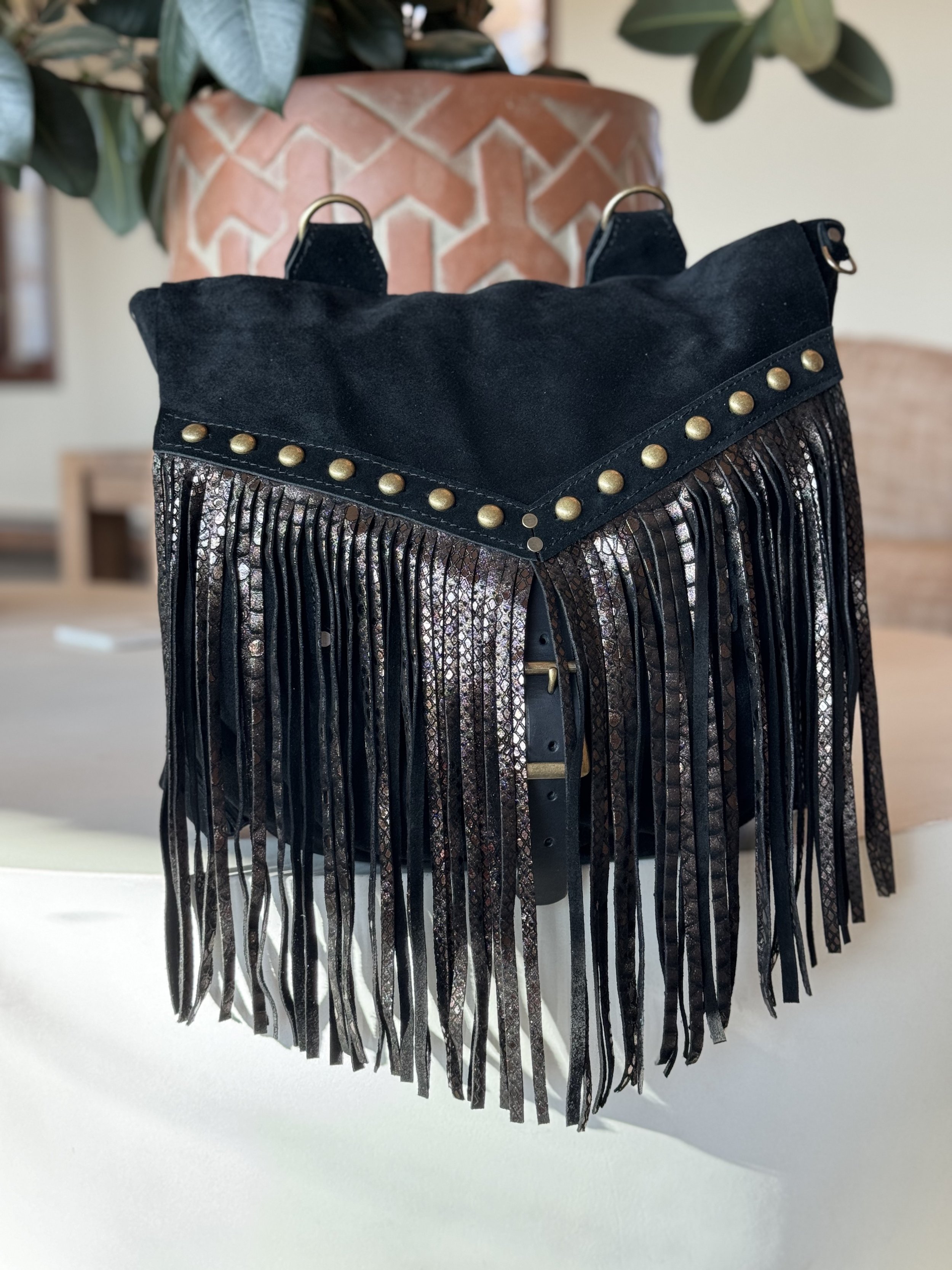 Black suede and Black Python fringe leather, Studs, Antique Brass hardware, Flair D Ring - XL Sarah J Convertible Bag