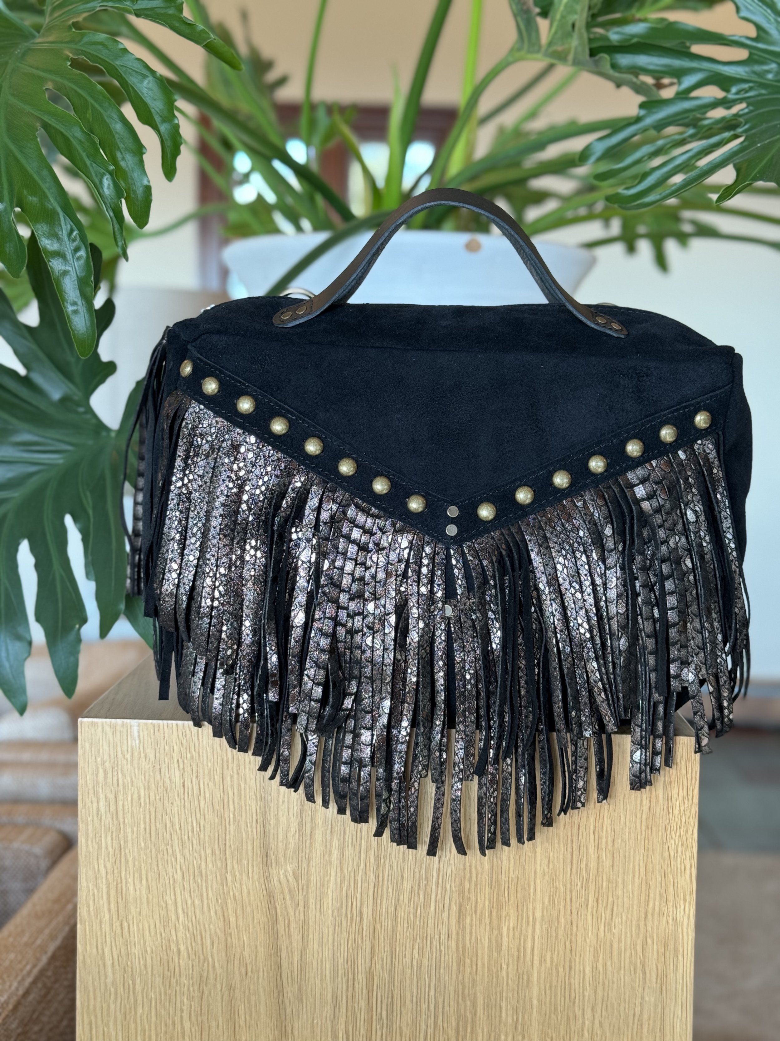 Black suede and Black Python fringe leather, Studs, 2 Simple Leather Handles, Antique Brass hardware, Flair D Ring - Melissa Convertible Bag
