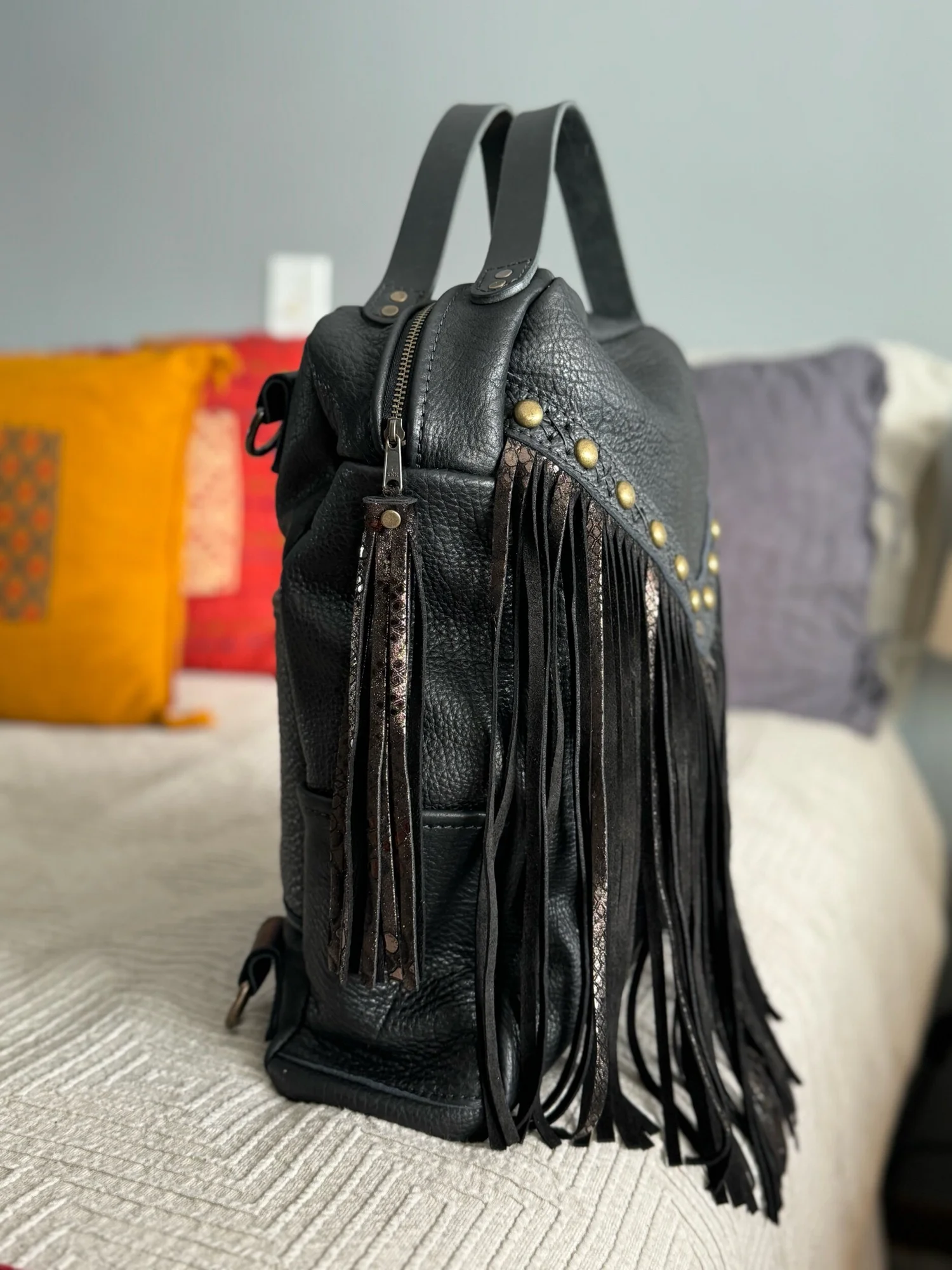 black leather fringe backpack purse YVES SAINT LAURENT Calfskin Bag Chic Checklist Fringe Backpack In
