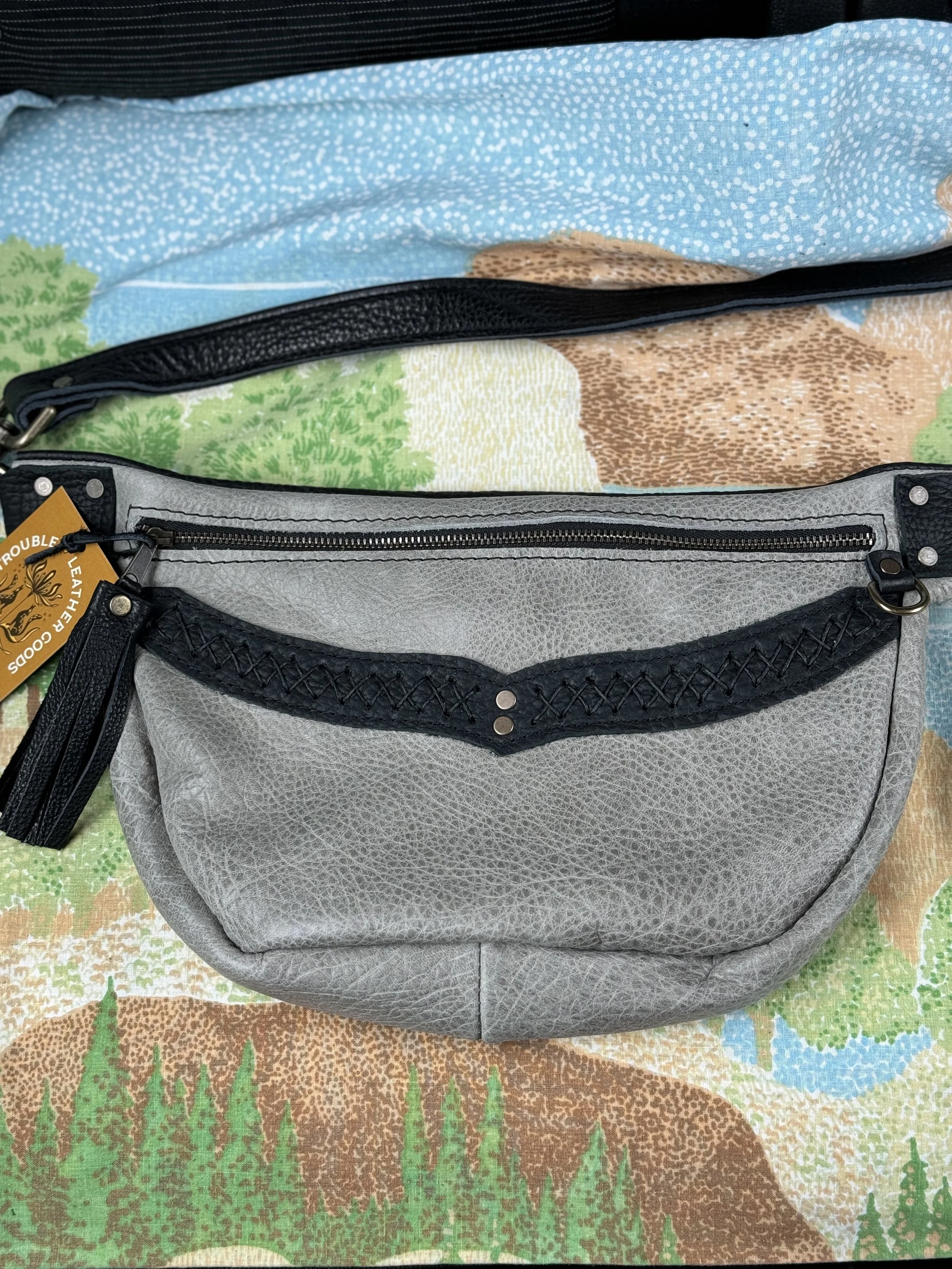 Shelly Sling Bag in Grey Cowhide, Black Bison, Black Criss Cross Hand Stitching &amp; Black Bison Soft Short Strap
